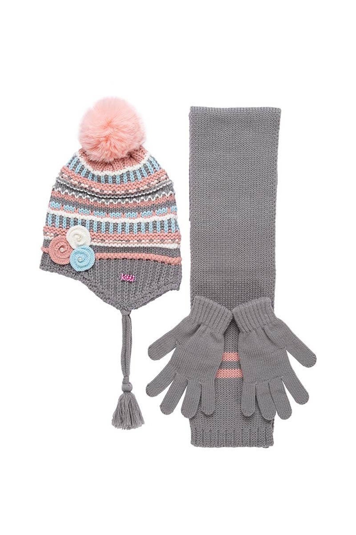 Kız Çocuk Atkı Bere Eldiven Takımı Gri  - K9943