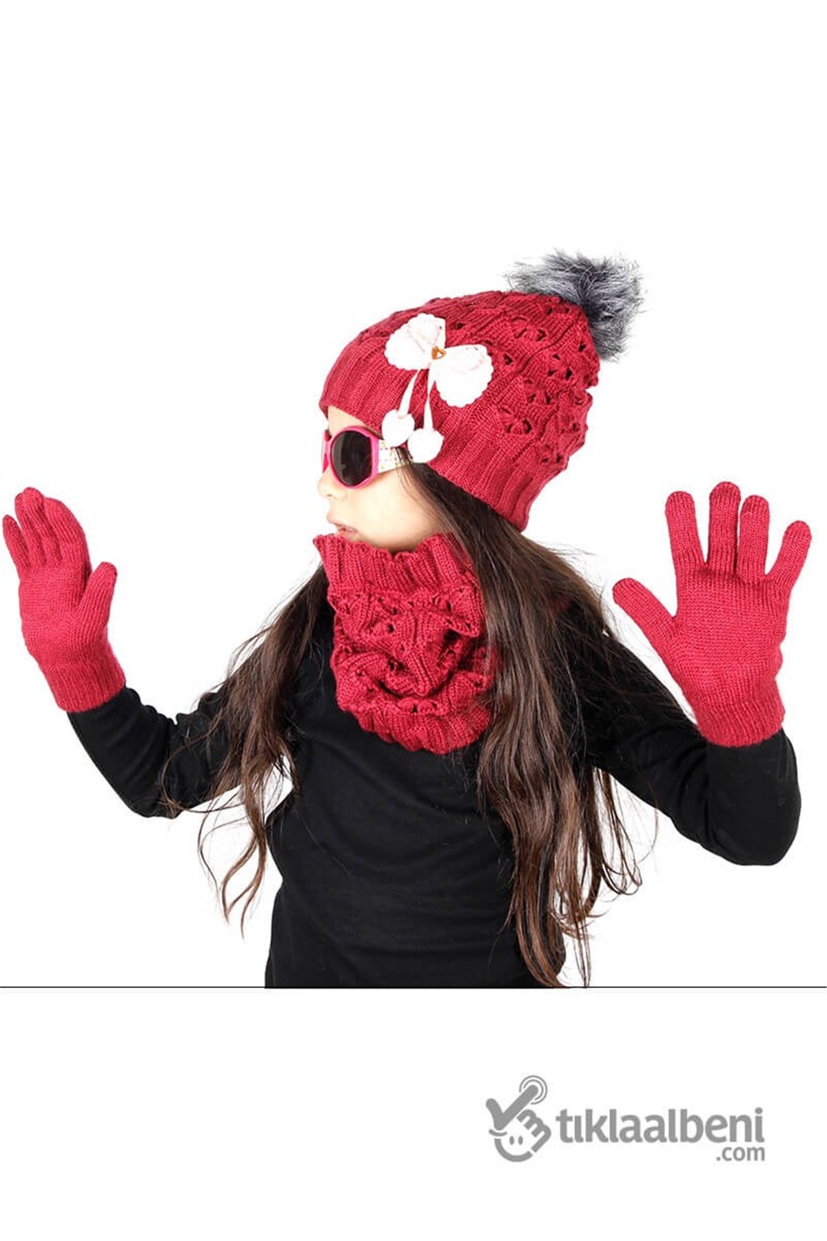 Kız Çocuk Bere Boyunluk Eldiven Üçlü Takım - SV-51212