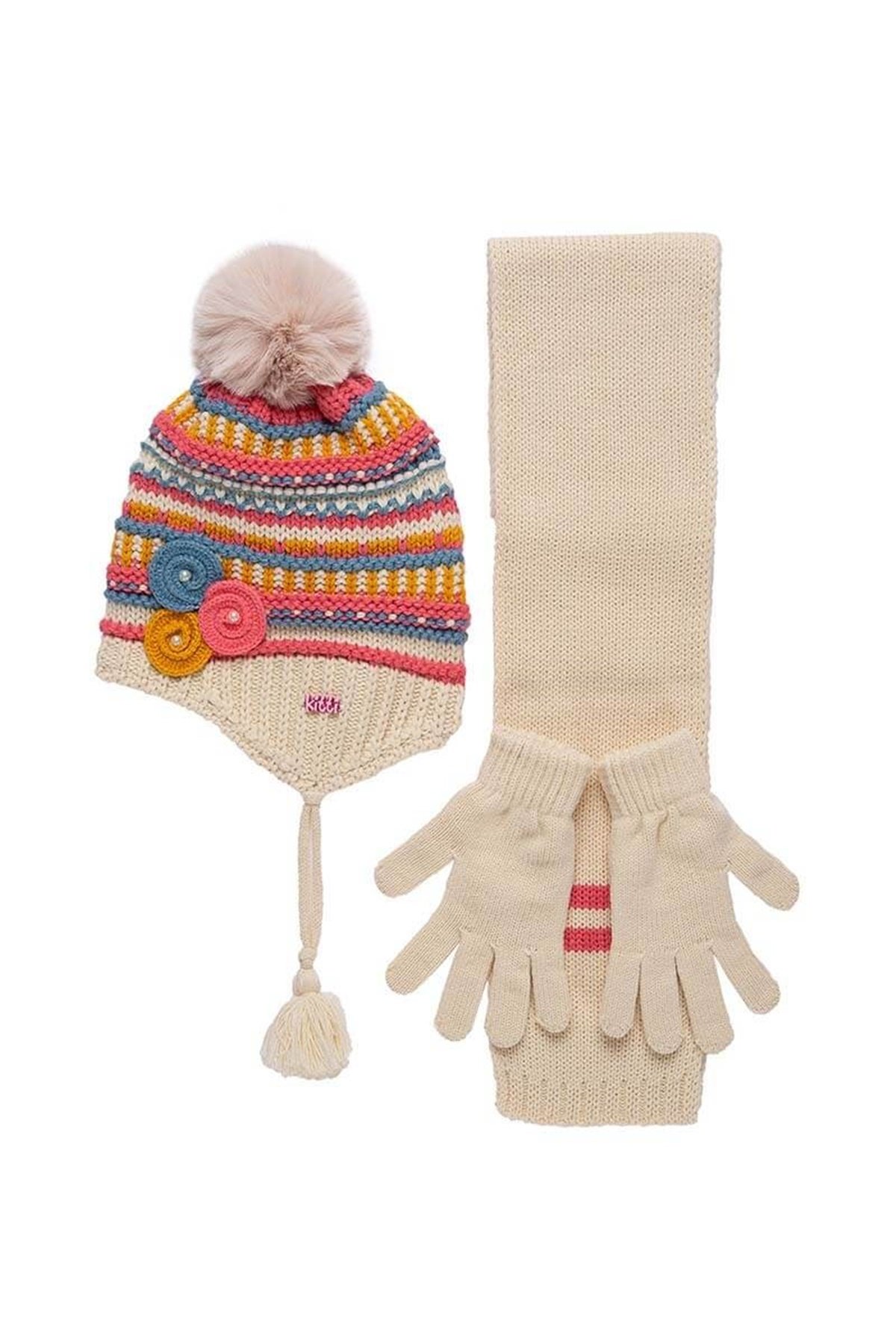 Kız Çocuk Örgü Atkı Bere Eldiven Takımı Bej - K9943