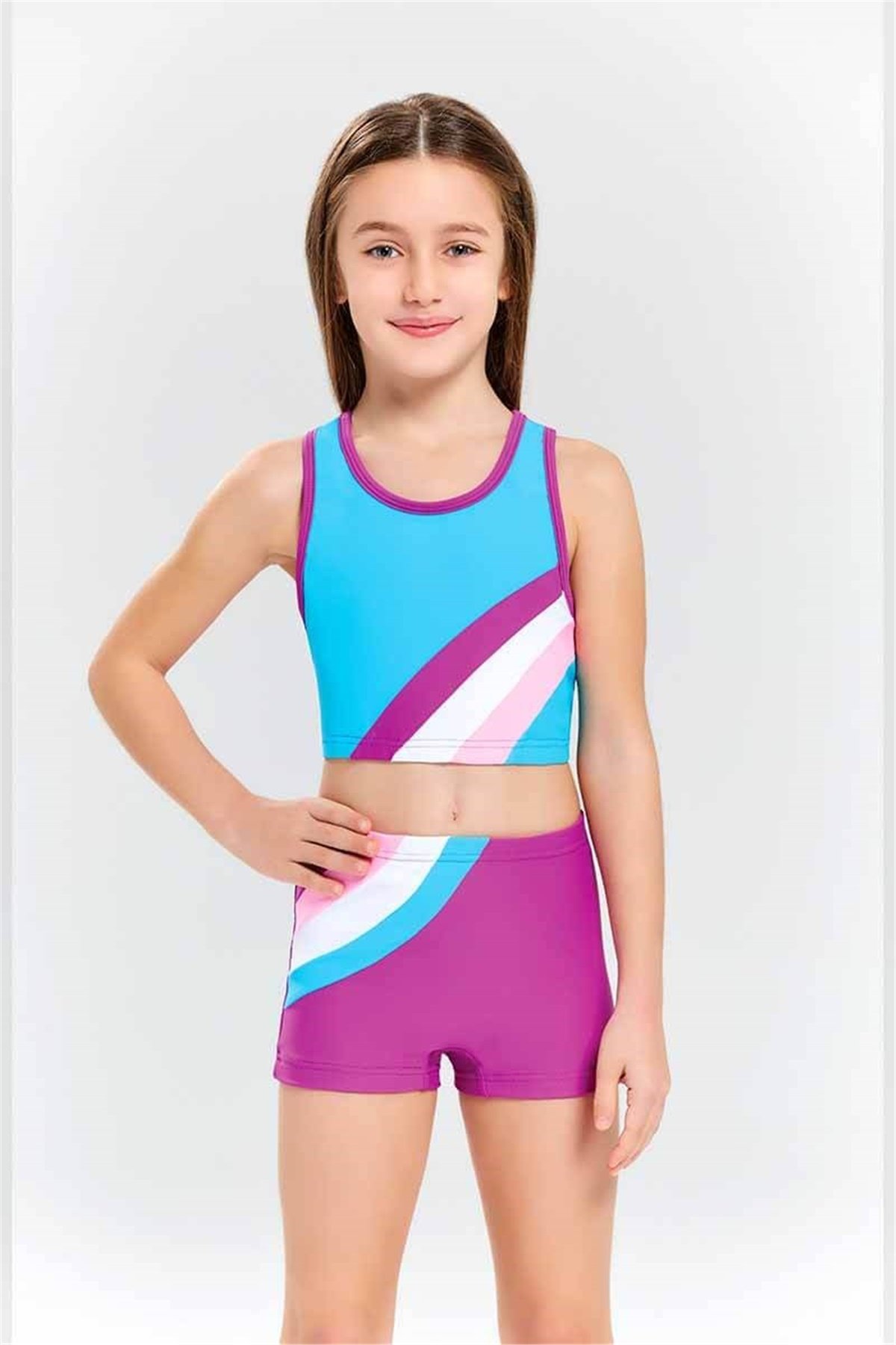 Kız Çocuk Şortlu Mayo, İki Parça Yüzücü Mayo 7002 Fuşya