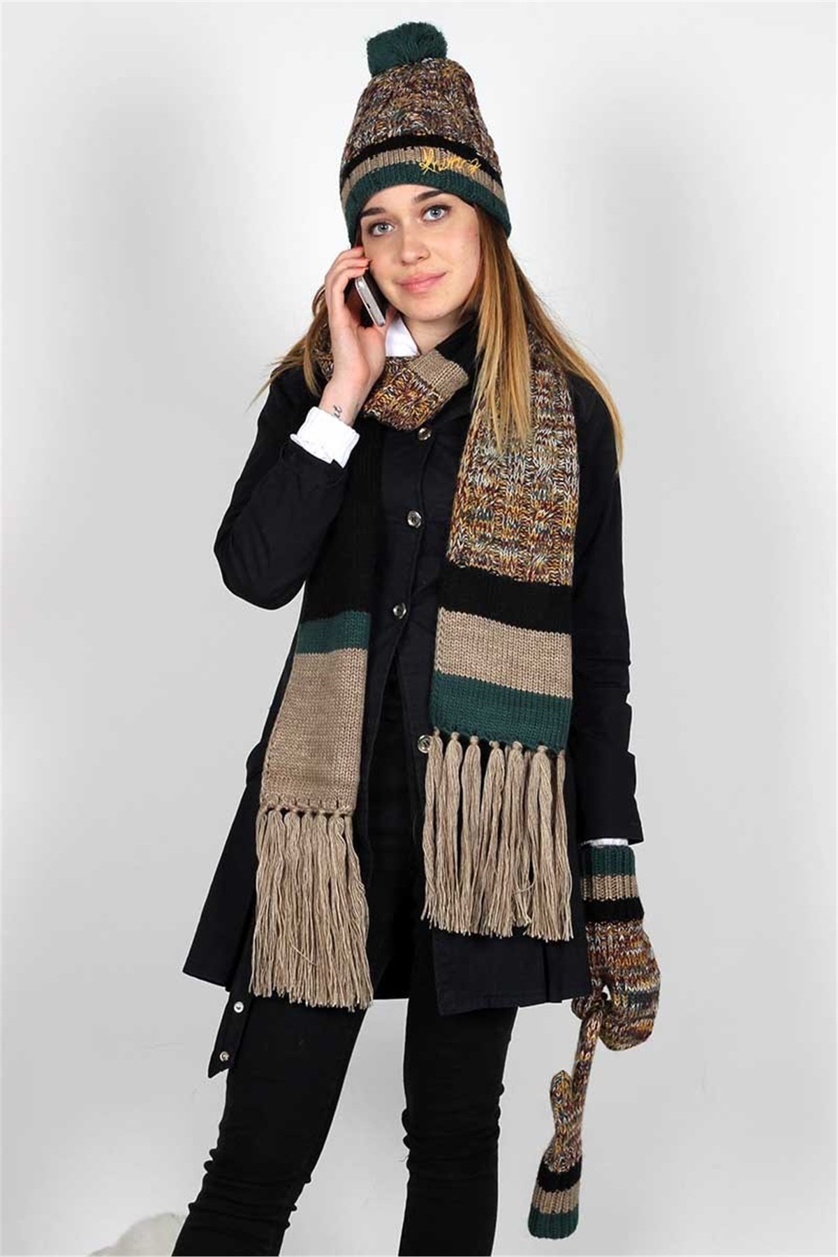 Kız Kulesi Bayan Atkı Bere Eldiven Takımı  3065 - Koyu Yeşil