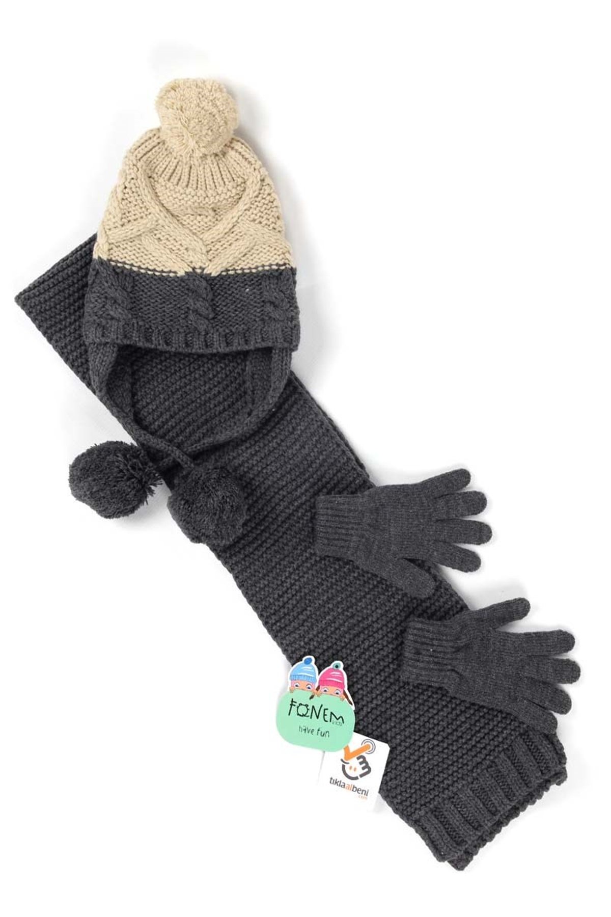 Kulaklı Bereli Erkek Çocuk Atkı Bere Üçlü Takım - 4 / 7 Yaş Siyah, FK15110