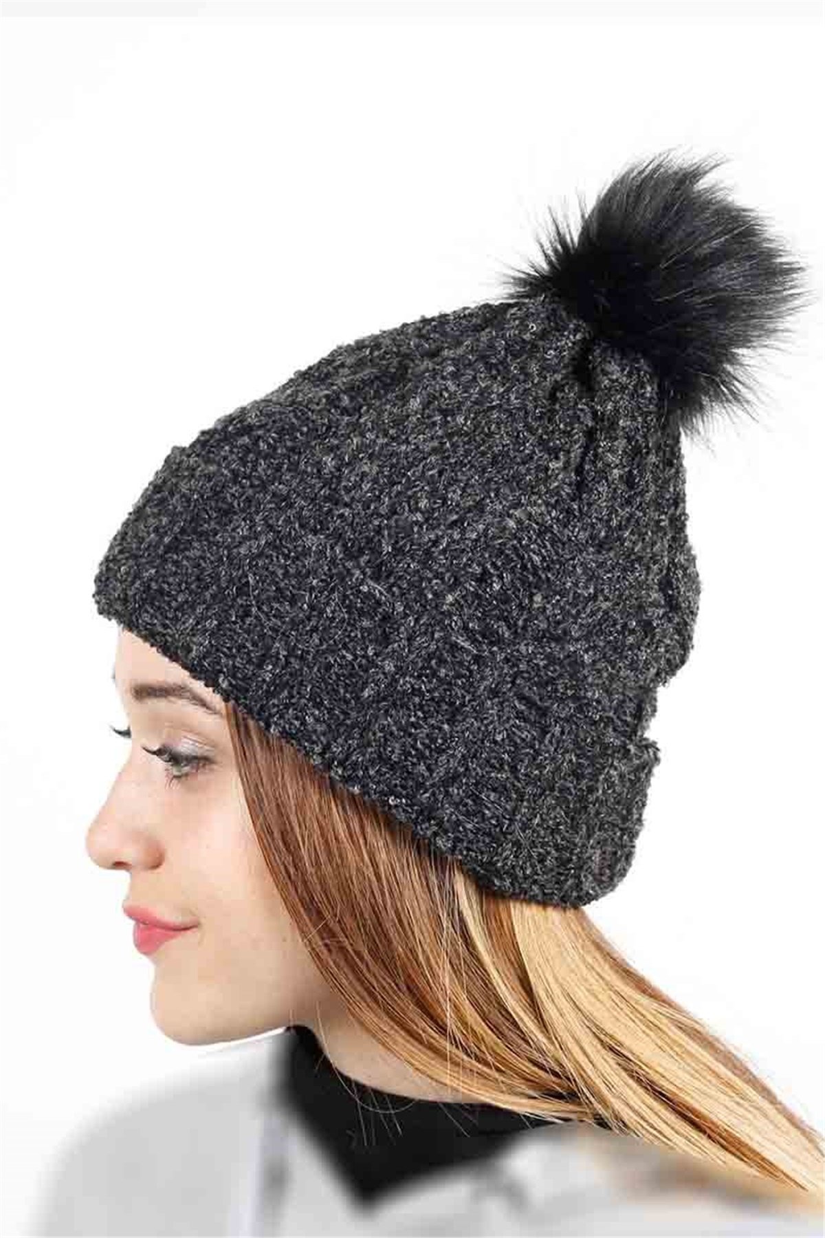 Kürklü Bayan Bere - FRM-40 Kırçıllı Antrasit