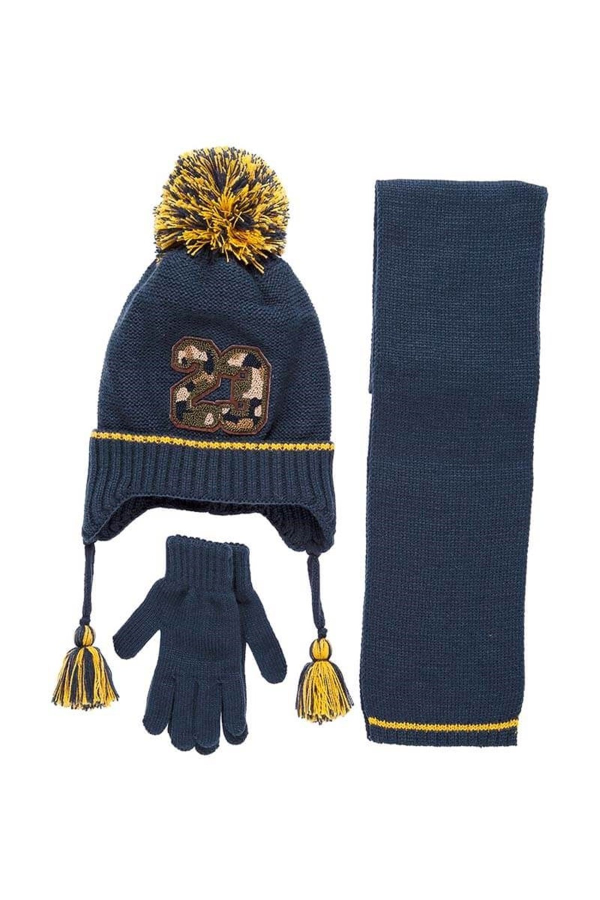Lacivert İpli Çocuk Atkı Bere Eldiven Koyu Lacivert - K9948