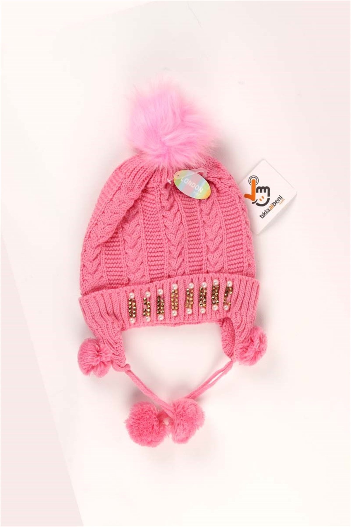 London Kız Çocuk Boncuk Detaylı Şapka Bere Pembe