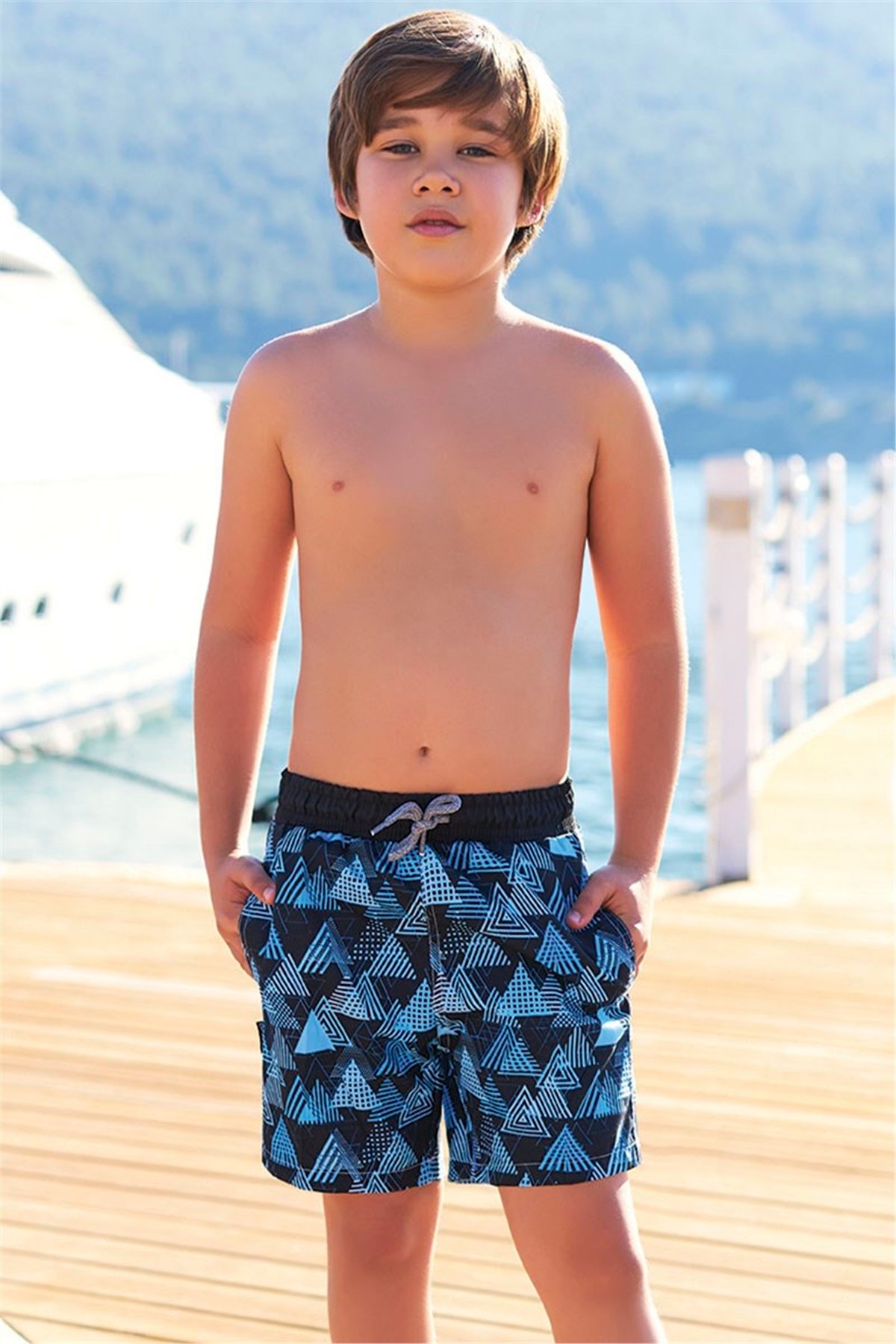 Mavi Deniz Şortu, Erkek Çocuk 3-12 Yaş Havuz Şortu  G1088
