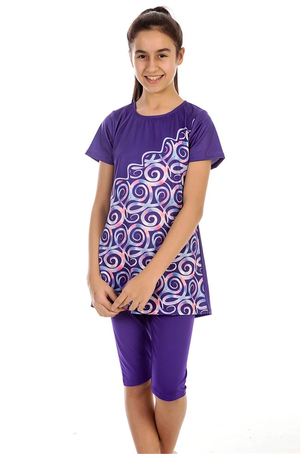 Mor Kısa Kollu Kız Çocuk Yarı Tesettür Mayo A192
