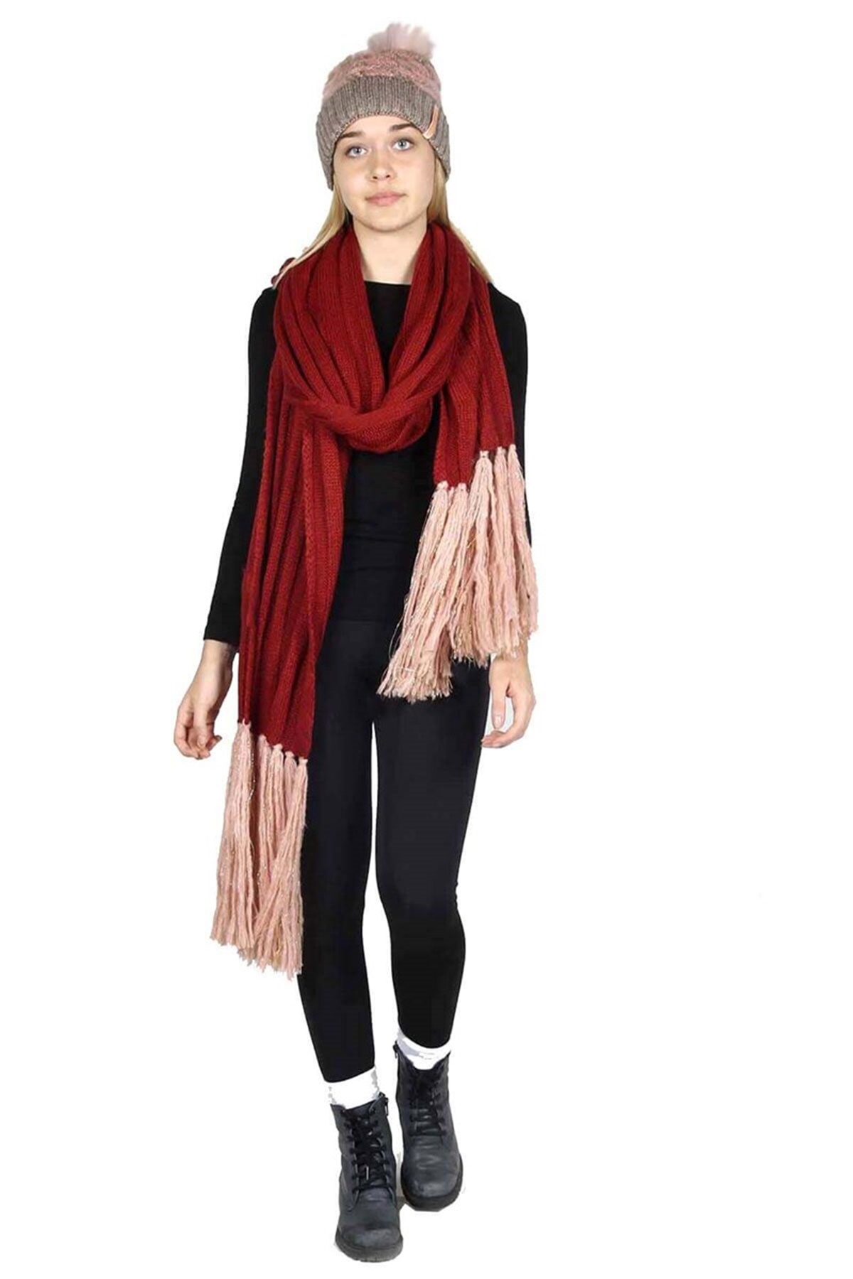 Özel Kırmızı Kombin Amsterdam Kadın Atkı Bere İkili Set 14607