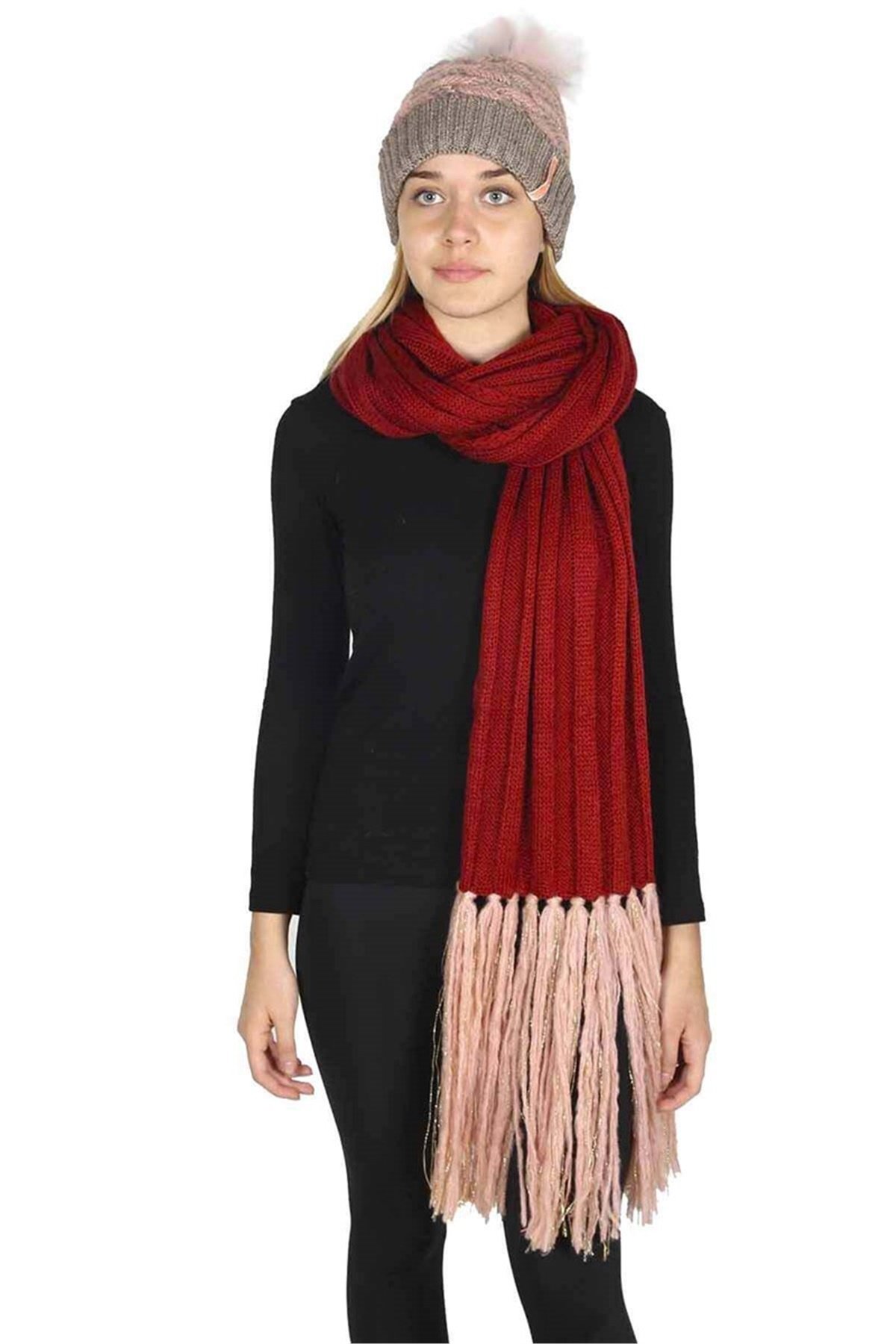 Özel Kırmızı Kombin Amsterdam Kadın Atkı Bere İkili Set 14607