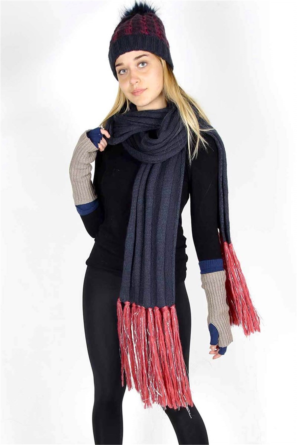 Özel Kombin Amsterdam Kadın Üçlü Atkı Bere Eldiven Seti 14607-3