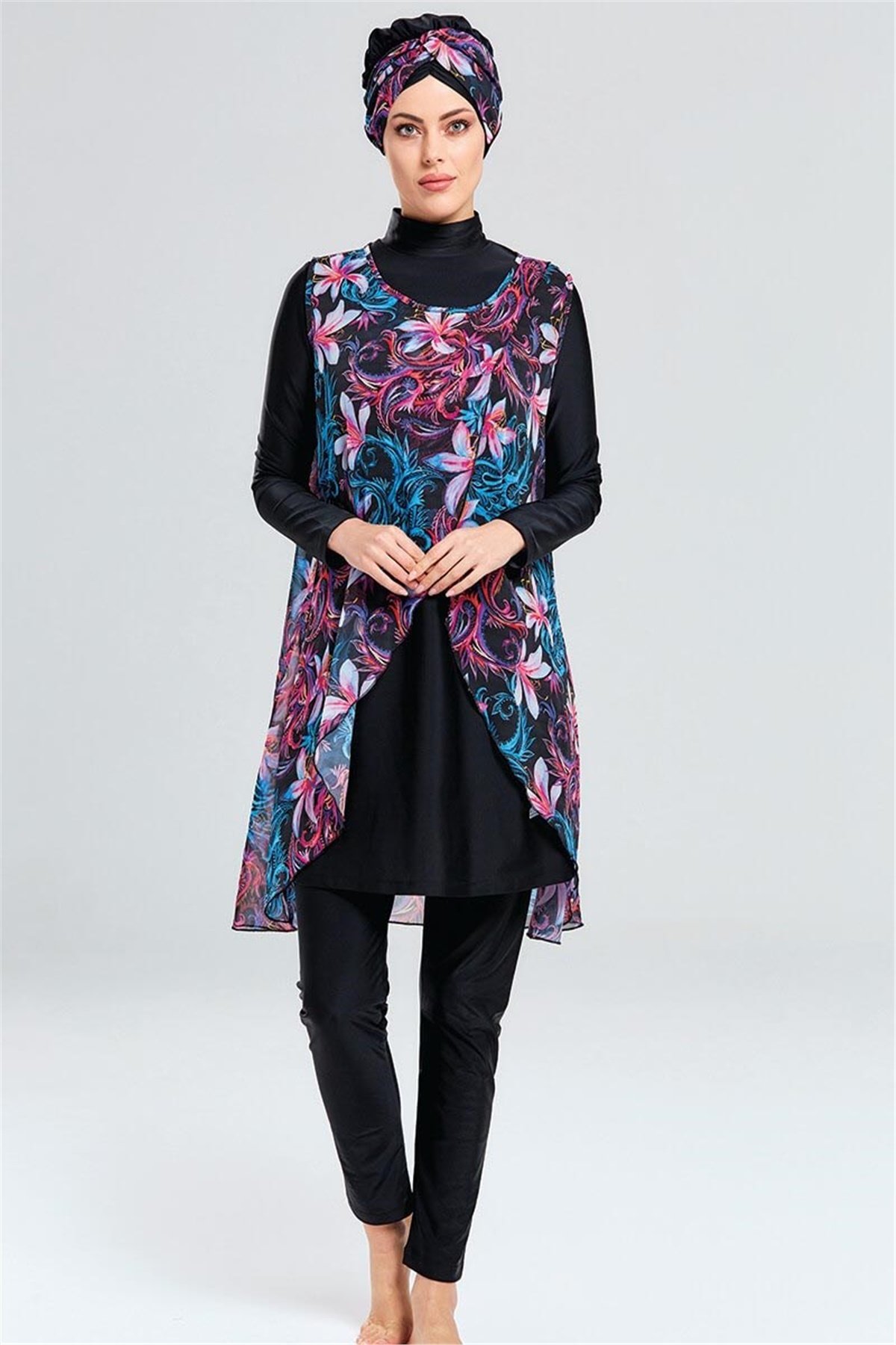 Sabit Yelekli Pareolu Tesettür Mayo, Adasea 4106 Siyah