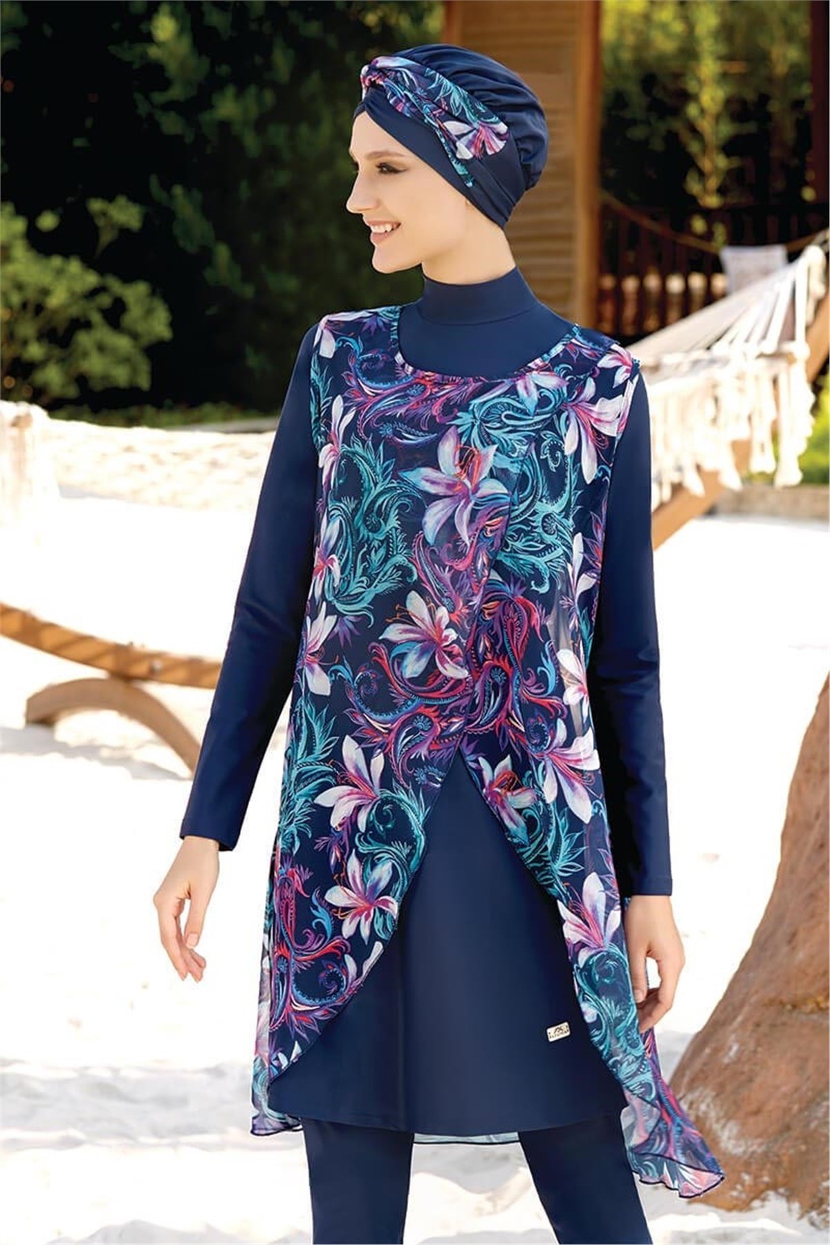 Sabit Yelekli Pareolu Tesettür Mayo, Adasea 4106 K. Lacivert