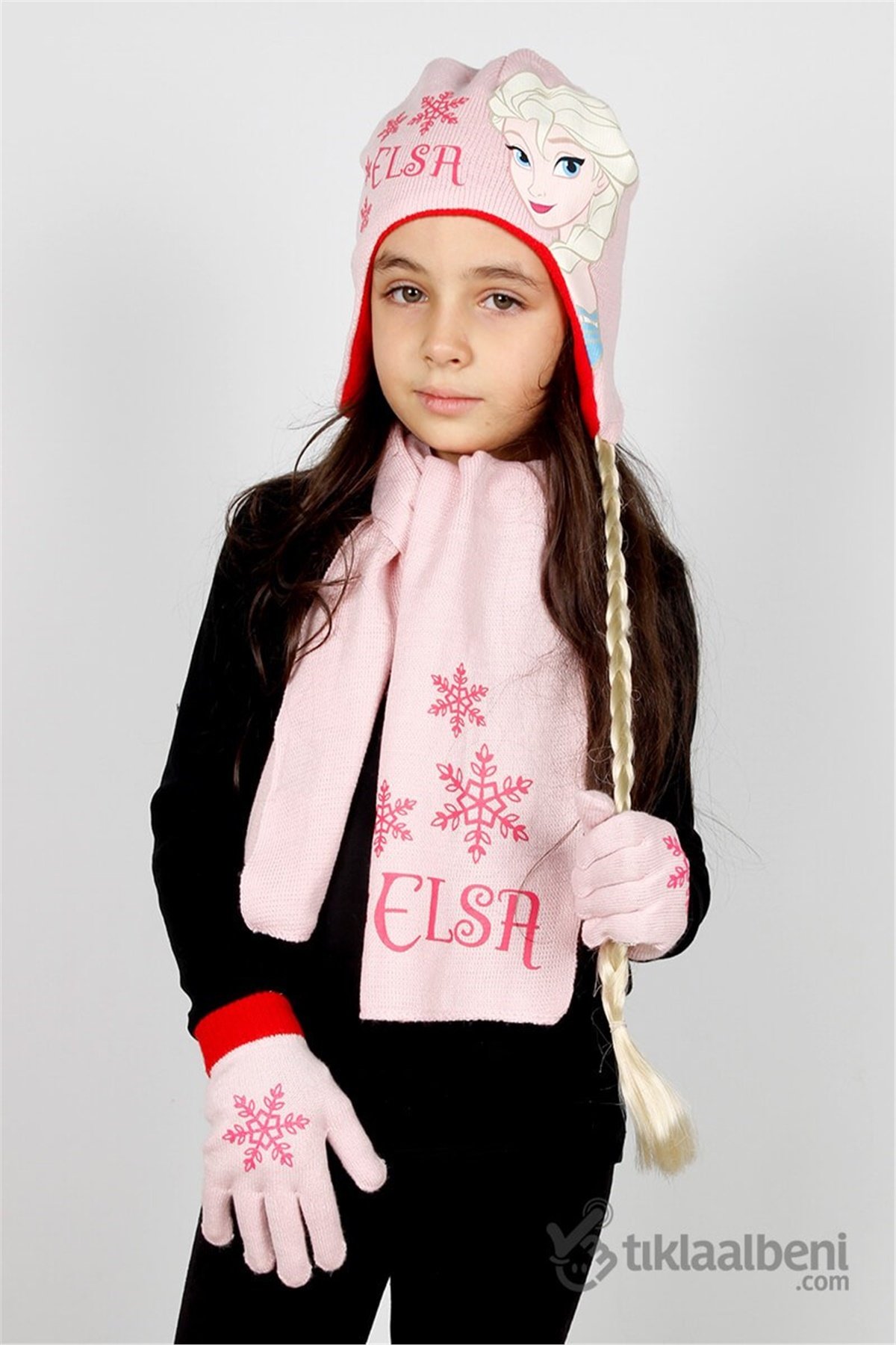 Saç Örgülü Elsa Atkı Bere Eldiven Set - ELS-10 - Pembe