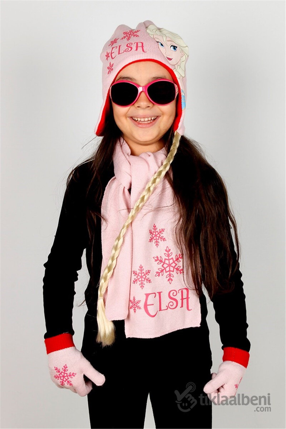 Saç Örgülü Elsa Atkı Bere Eldiven Set - ELS-10 - Pembe