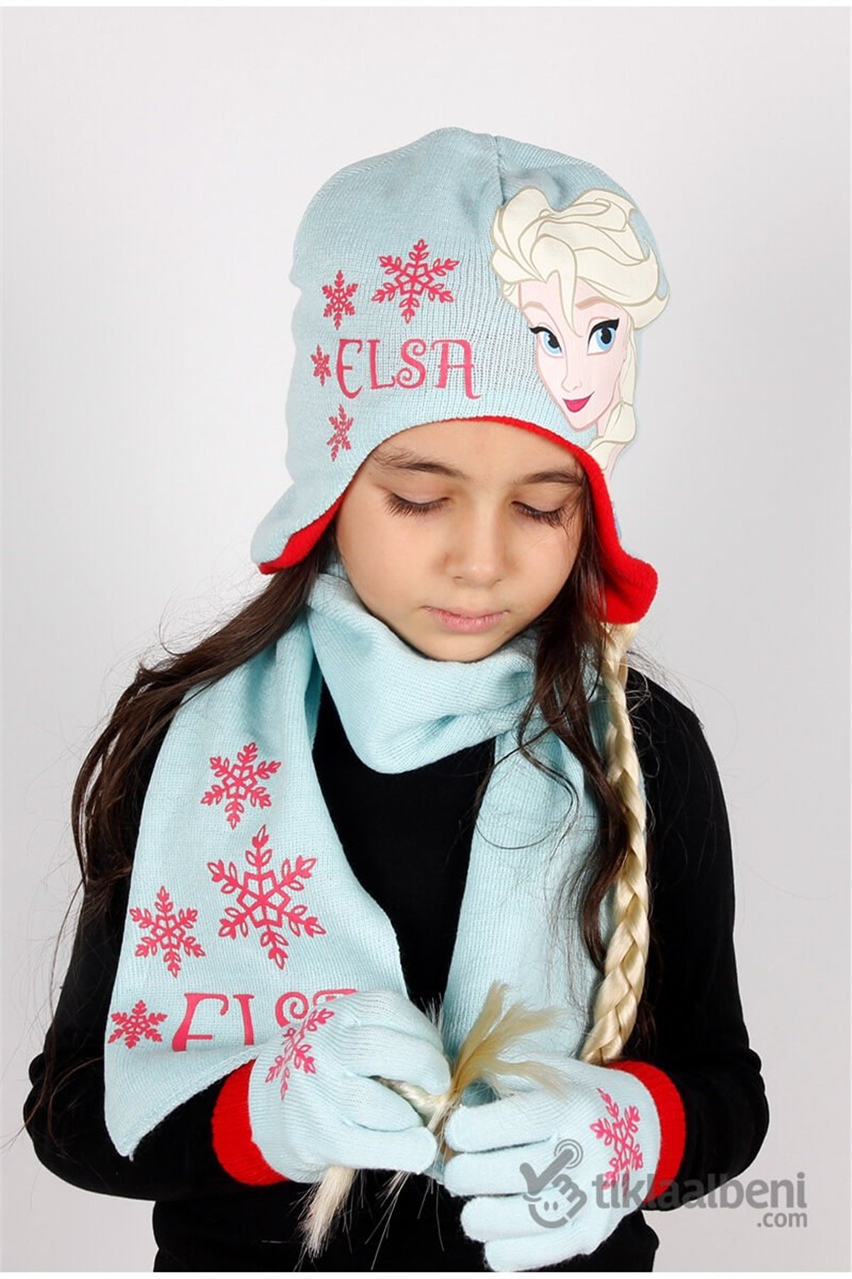 Saç Örgülü Elsa Atkı Bere Eldiven Set - ELS-10 - Açık Yeşil