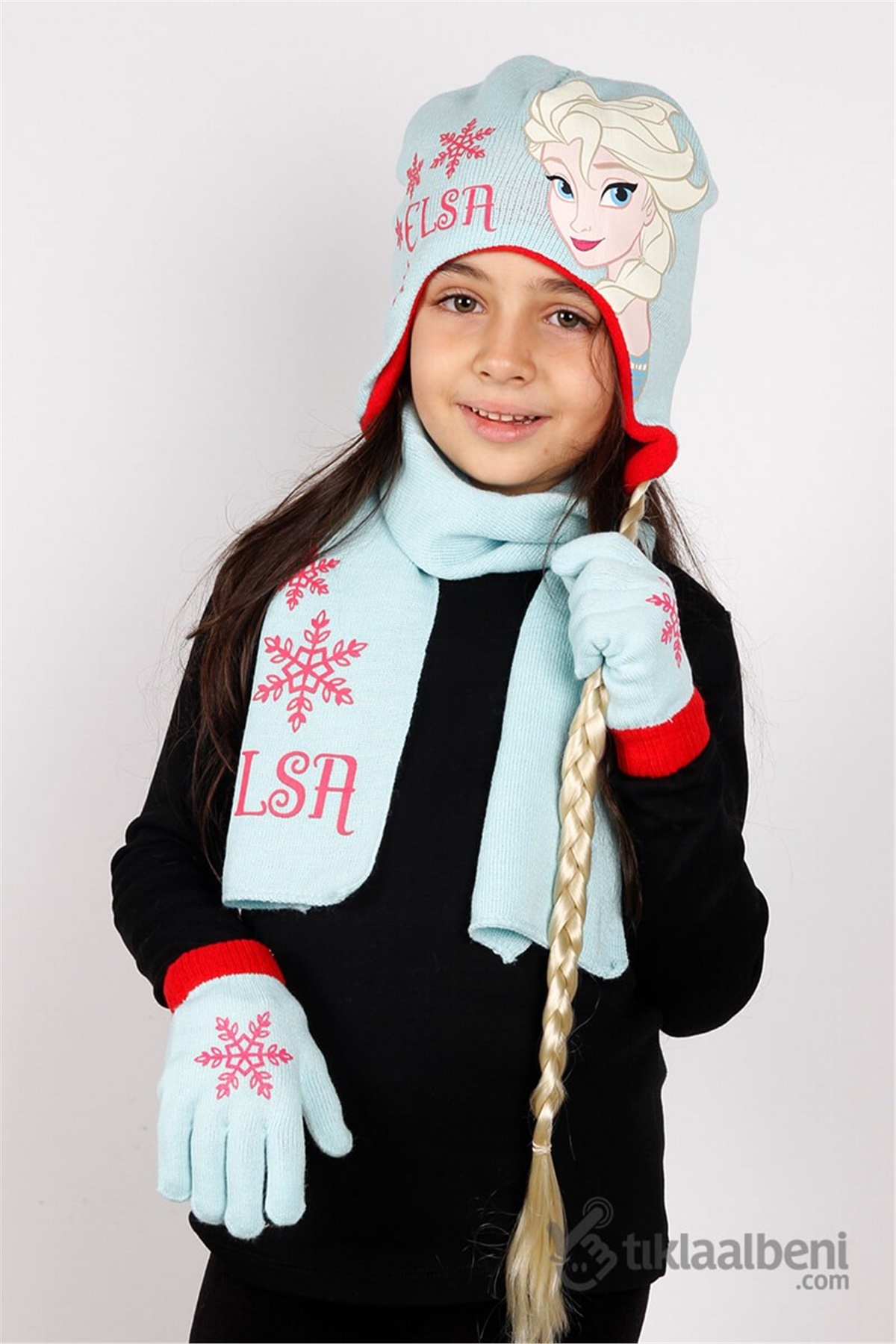 Saç Örgülü Elsa Atkı Bere Eldiven Set - ELS-10 - Açık Yeşil