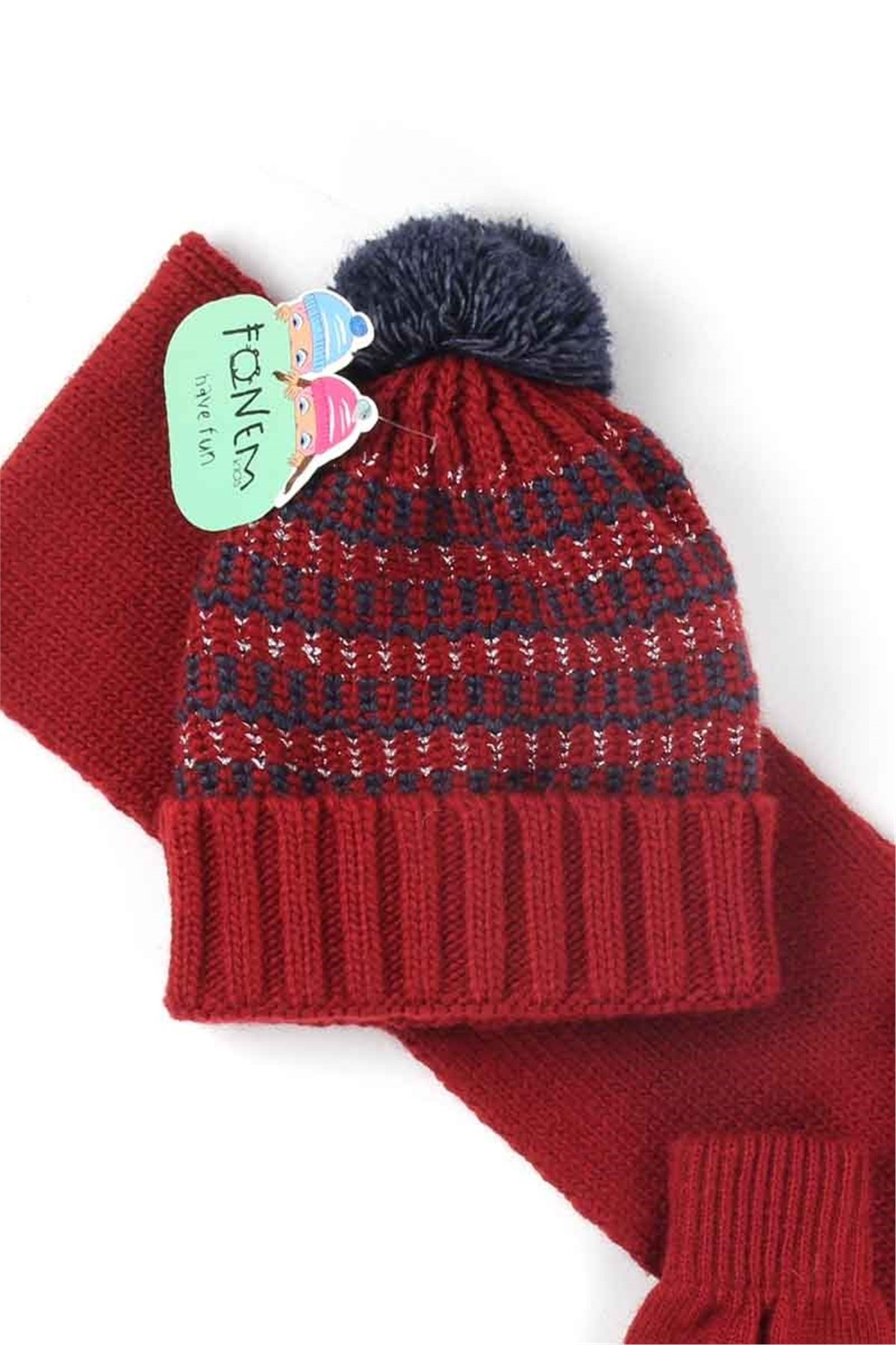 Simli Helen Kız Çocuk Atkı Bere Eldiven Takımı, Kırmızı 8 / 12 Yaş