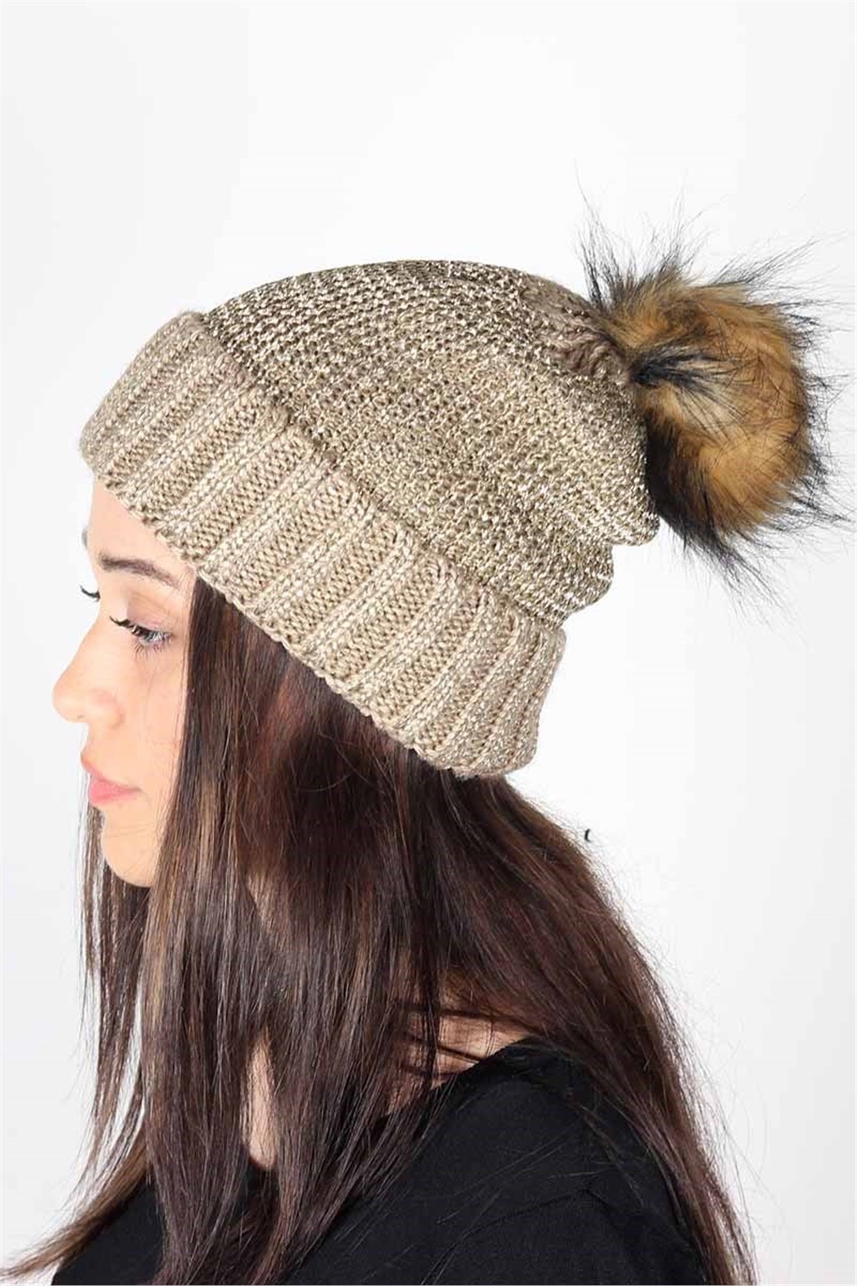 Simli, İp File Örgü Kadın Bere KFB12505 Altın