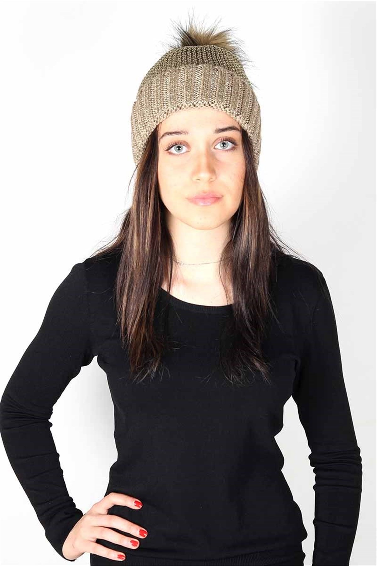 Simli, İp File Örgü Kadın Bere KFB12505 Altın