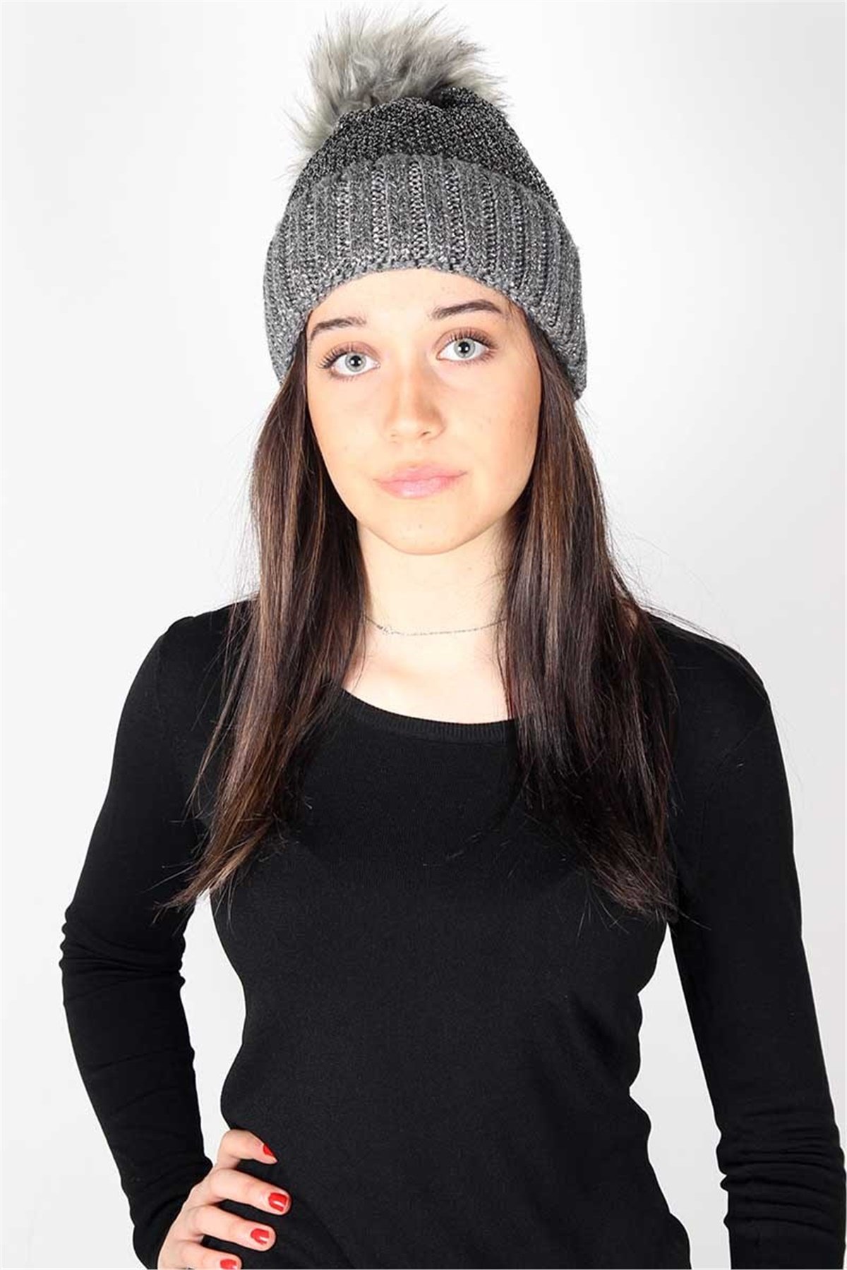 Simli, İp File Örgü Kadın Bere KFB12505 Gümüş