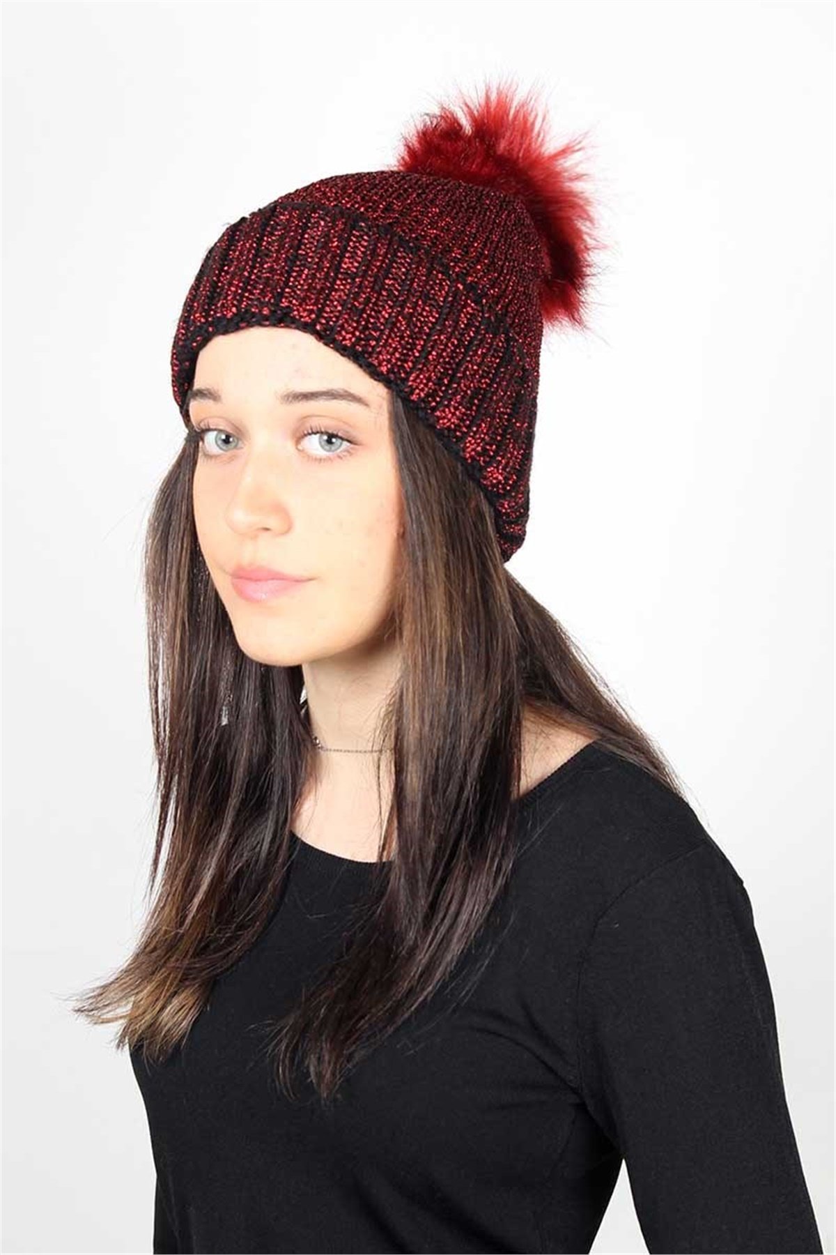 Simli, İp File Örgü Kadın Bere KFB12505 Kırmızı