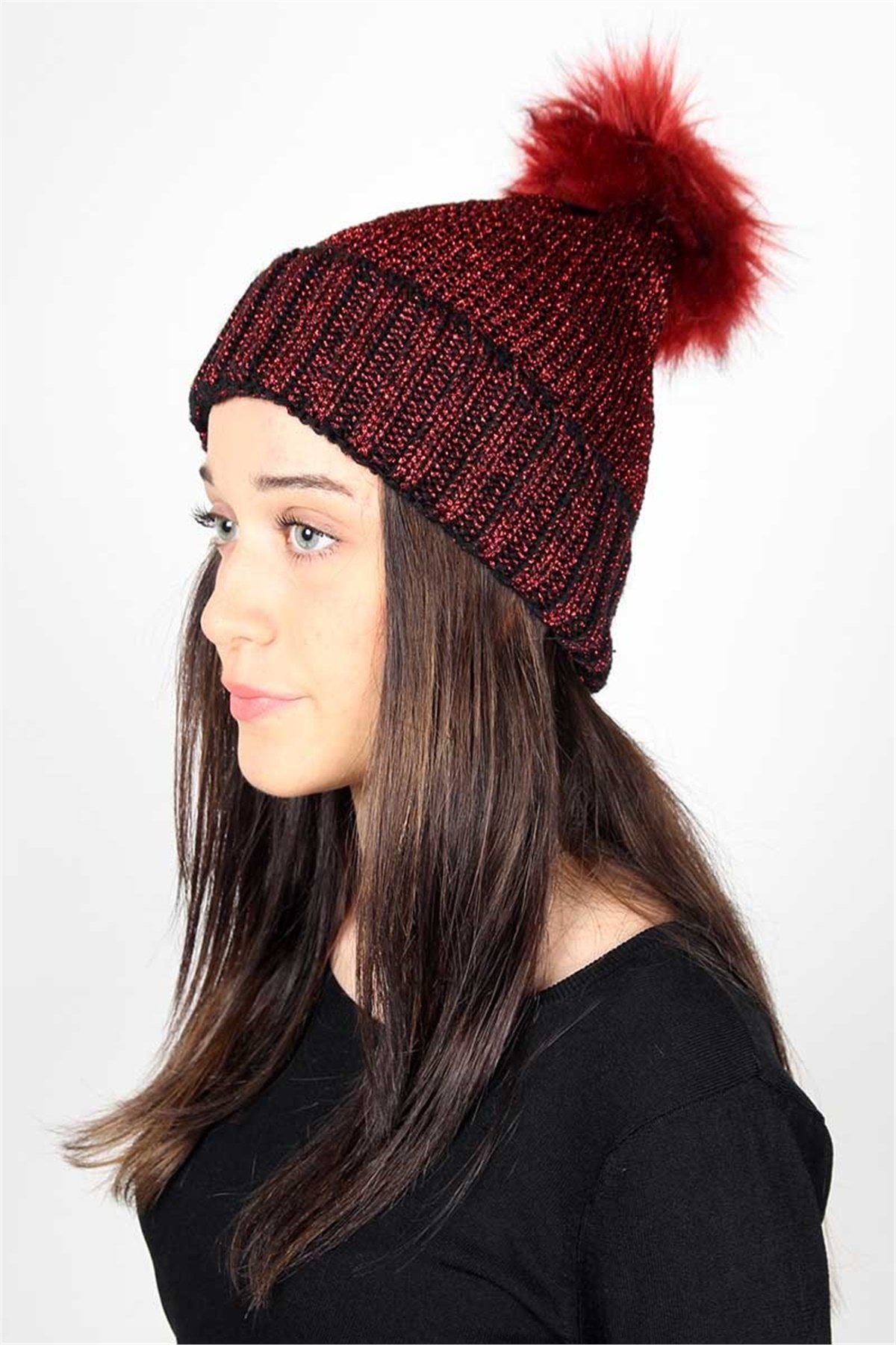 Simli, İp File Örgü Kadın Bere KFB12505 Kırmızı