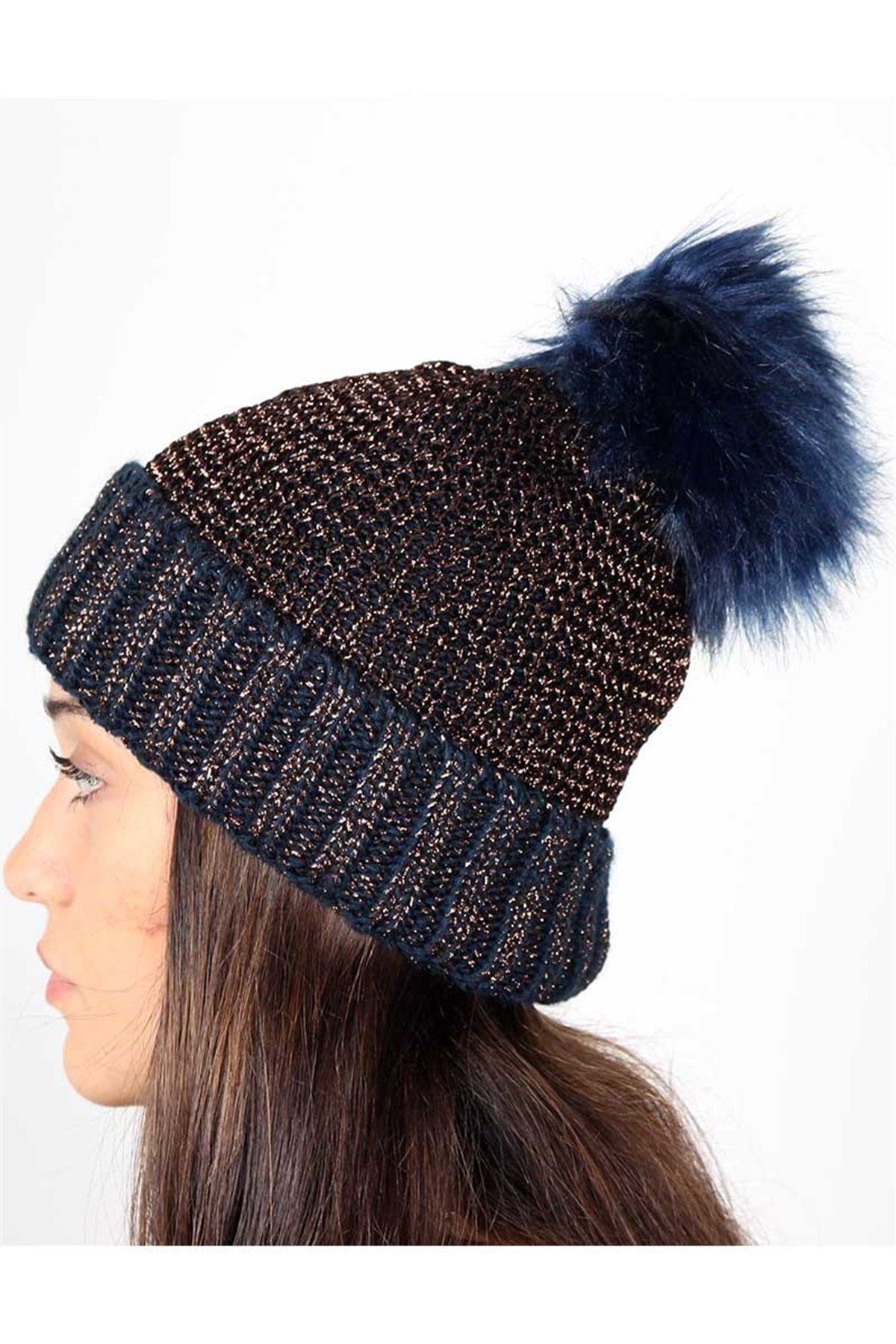 Simli, İp File Örgü Kadın Bere KFB12505 Lacivert