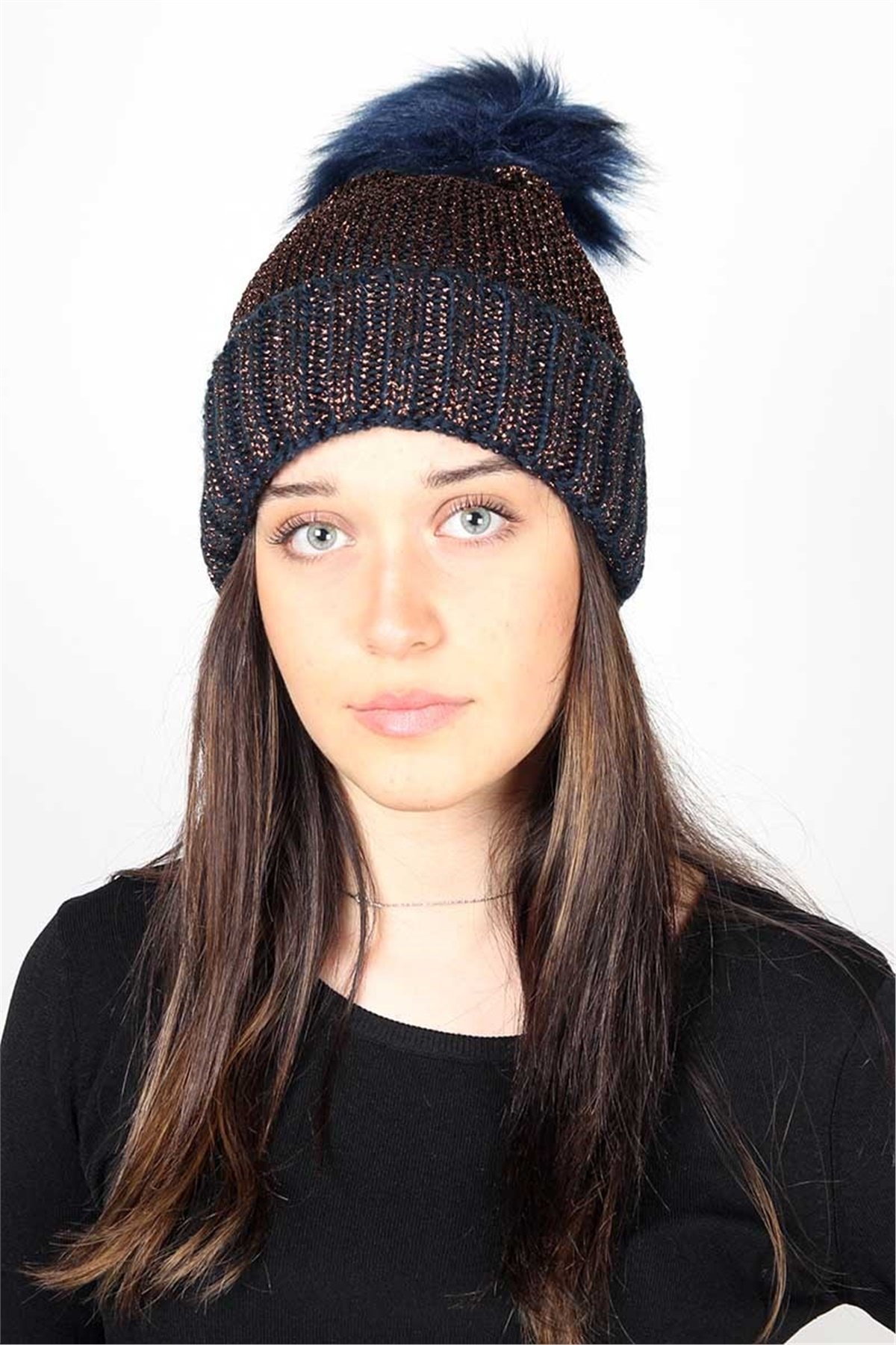 Simli, İp File Örgü Kadın Bere KFB12505 Lacivert