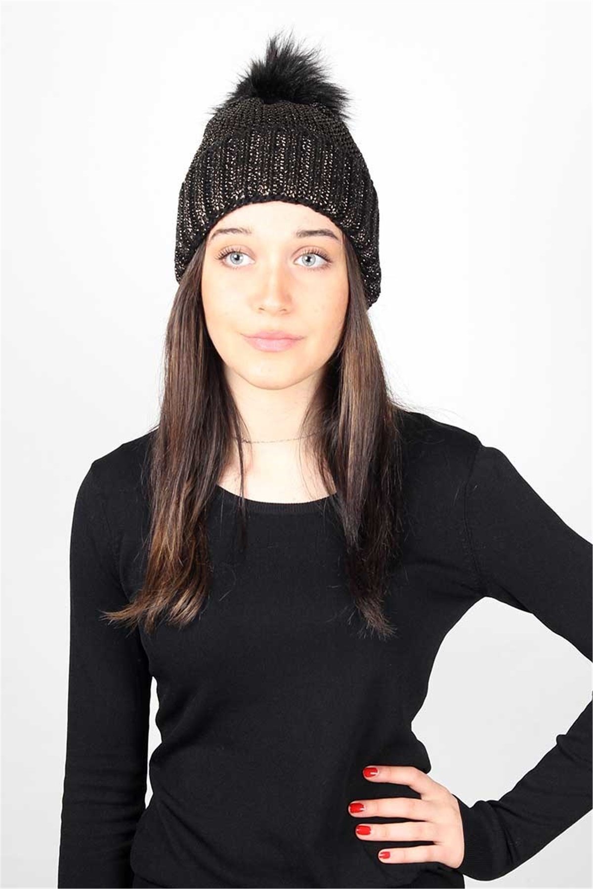 Simli, İp File Örgü Kadın Bere KFB12505 Siyah