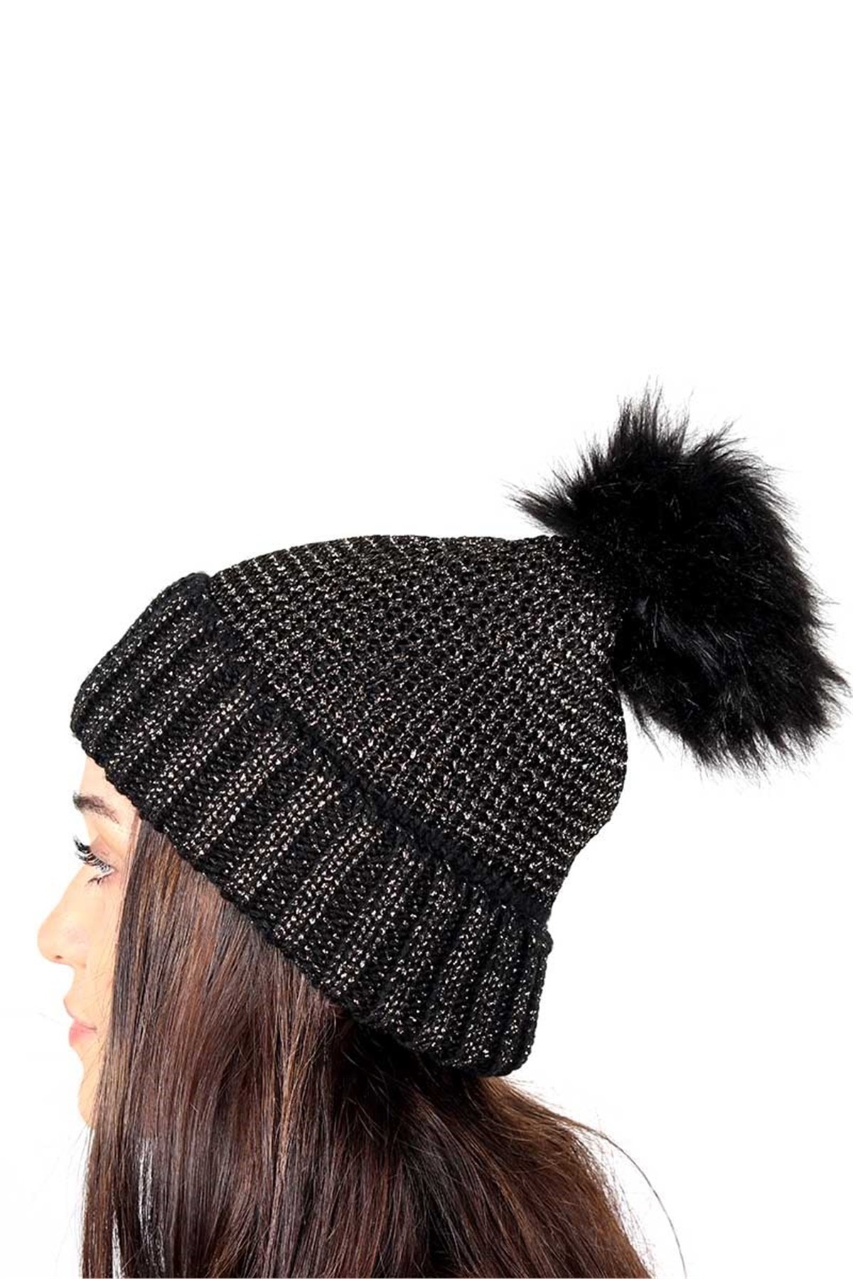 Simli, İp File Örgü Kadın Bere KFB12505 Siyah