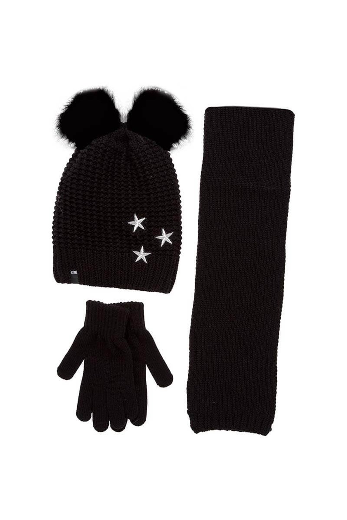 Siyah Çift Ponponlu Kız Çocuk Atkı Bere Eldiven Takımı - K9960