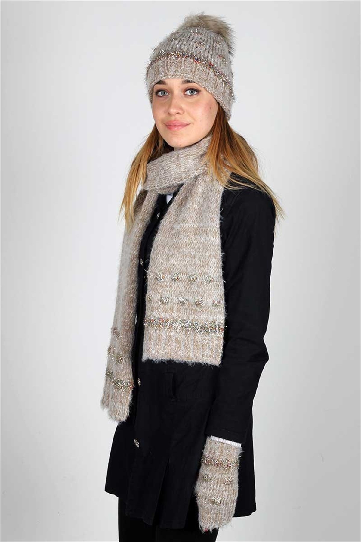 Soft Kadın Atkı Bere Eldiven Seti  Exclusive Serisi  30201 - Bej