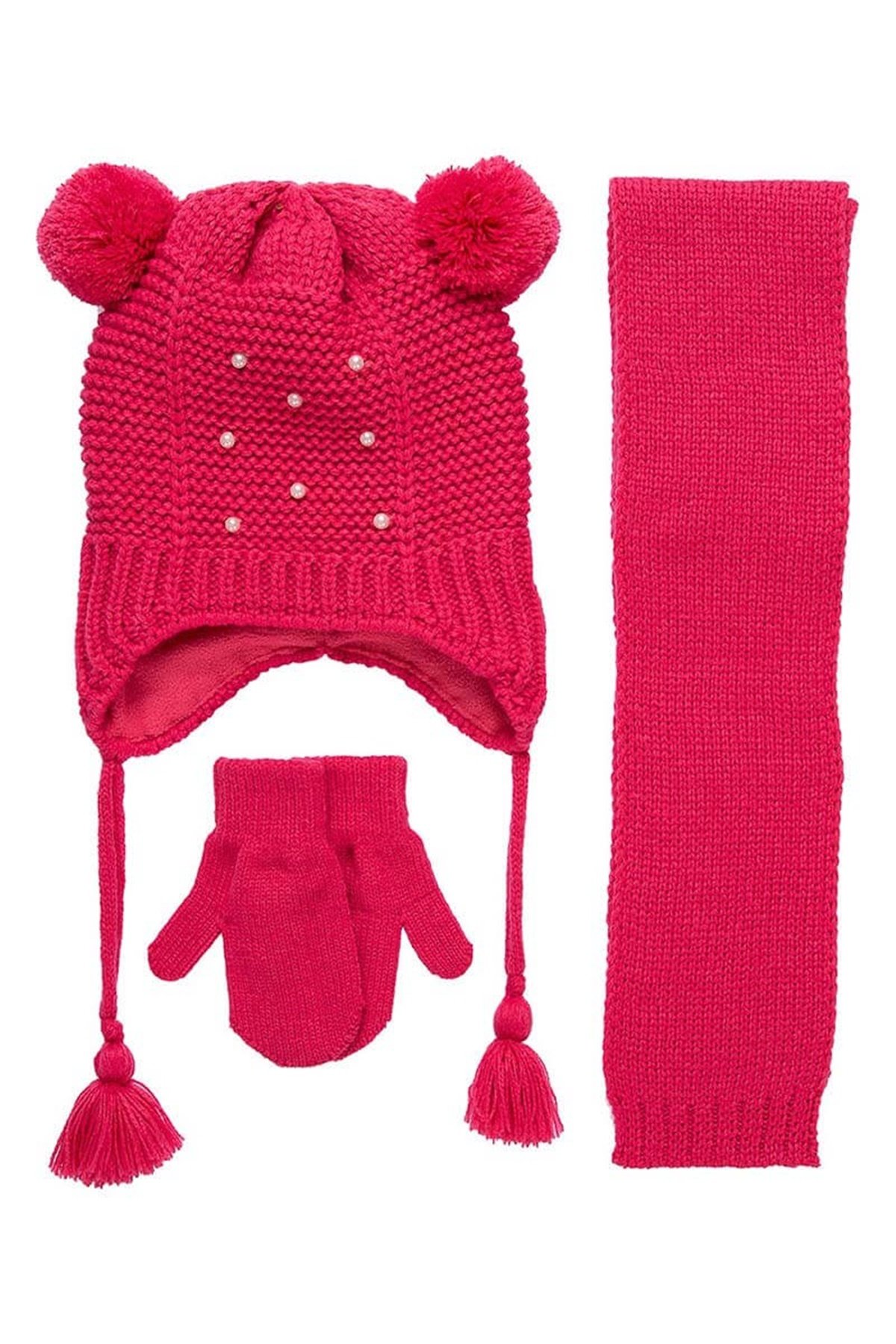 Star 1-4 Yaş Kız Çocuk Atkı Bere Eldiven Takımı K9920 - Kırmızı