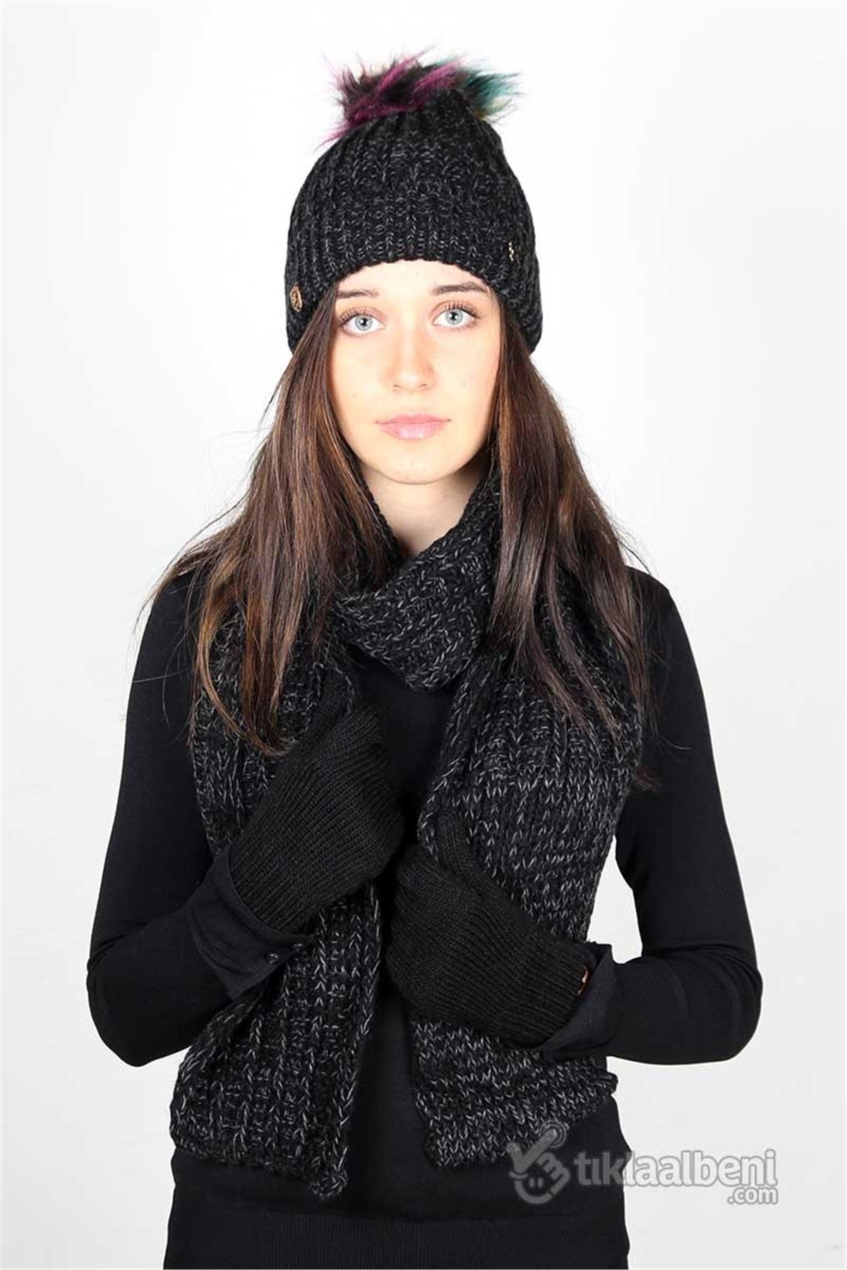 Tarz Kadın Atkı Bere Eldiven Üçlü Takım - Siyah