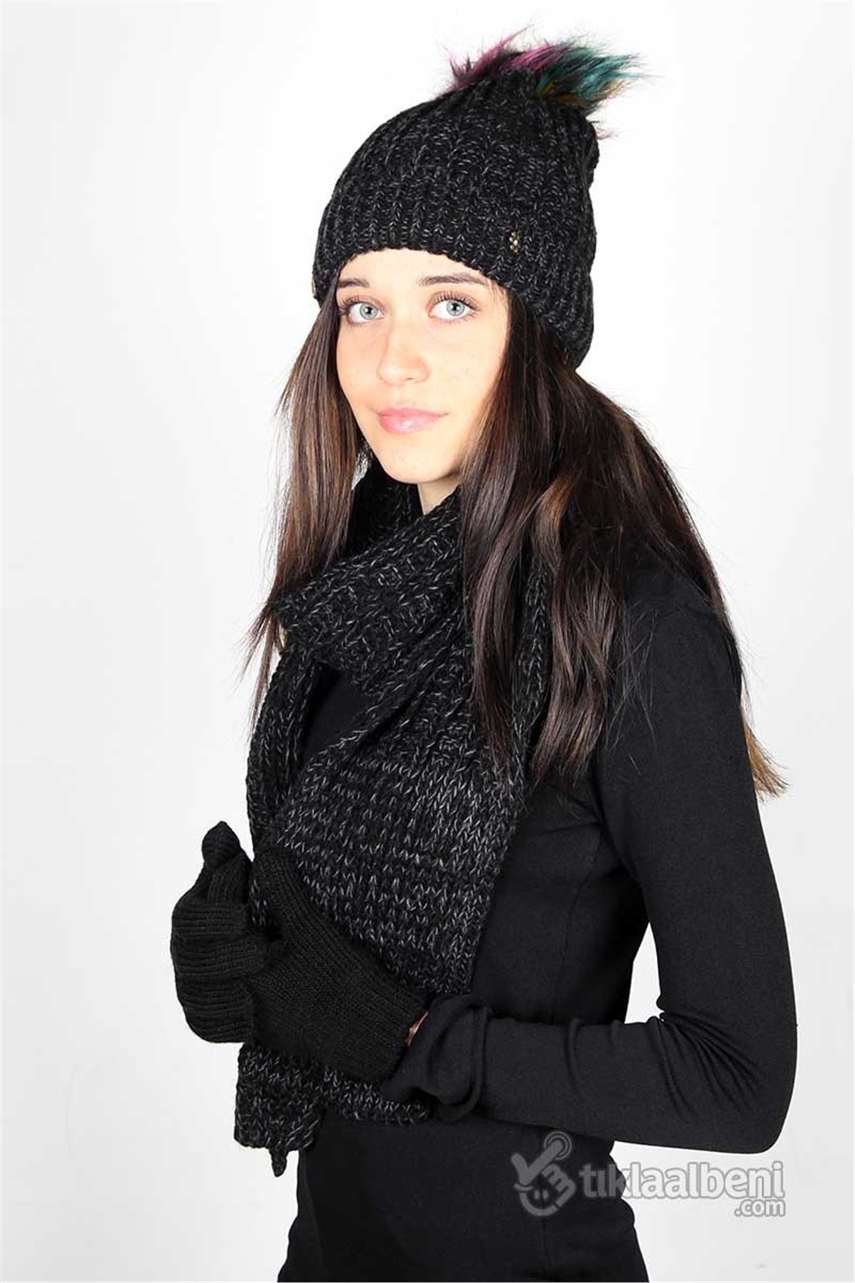 Tarz Kadın Atkı Bere Eldiven Üçlü Takım - Siyah