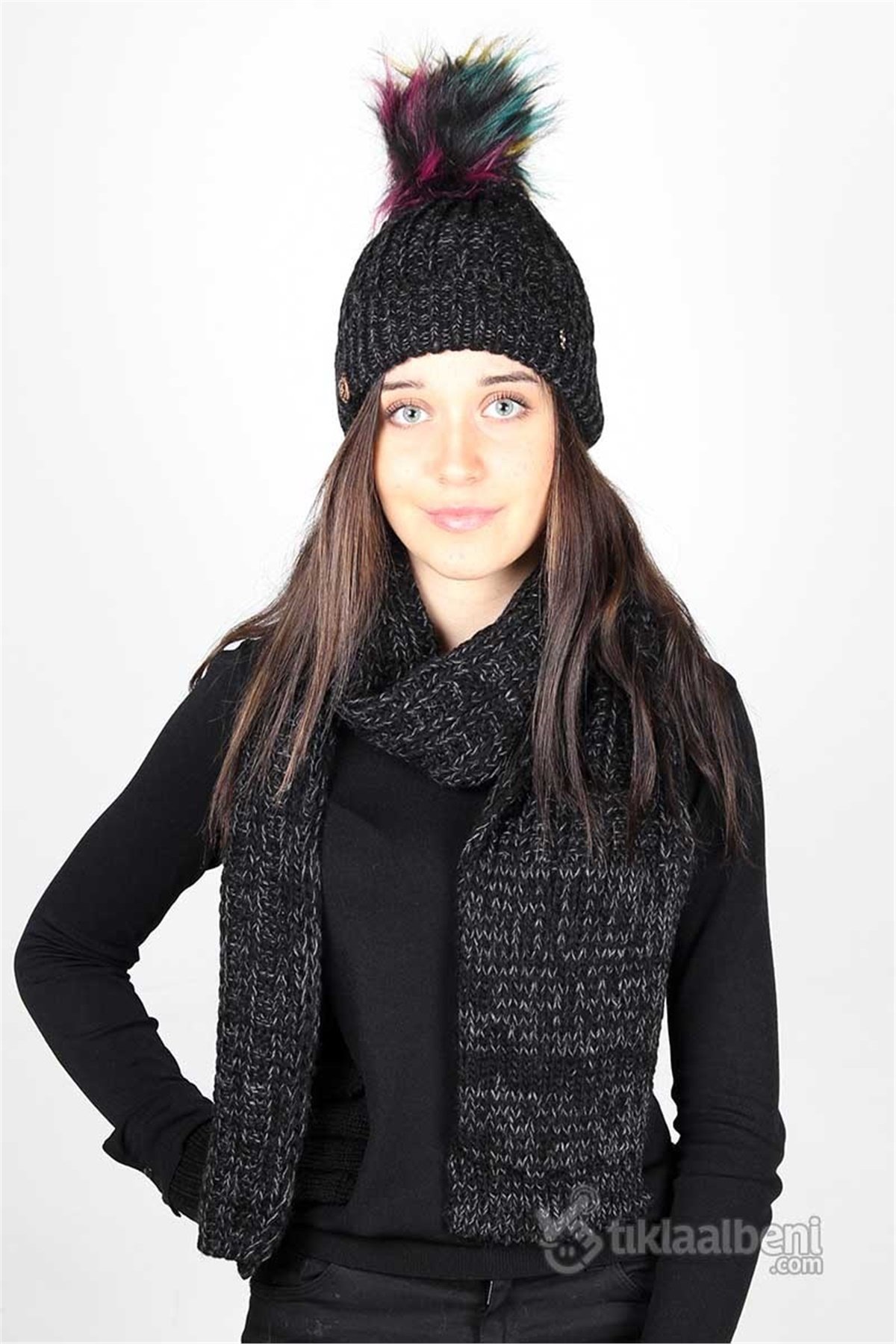 Tarz Kadın Atkı Bere Eldiven Üçlü Takım - Siyah