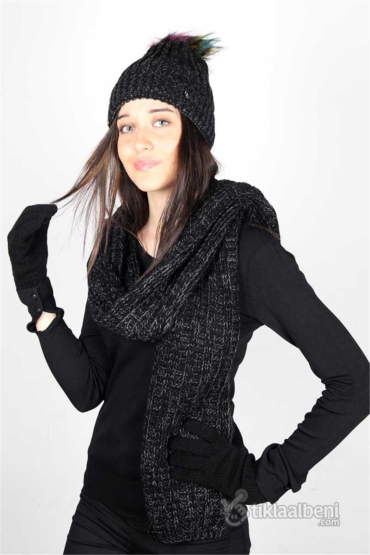Tarz Kadın Atkı Bere Eldiven Üçlü Takım - Siyah
