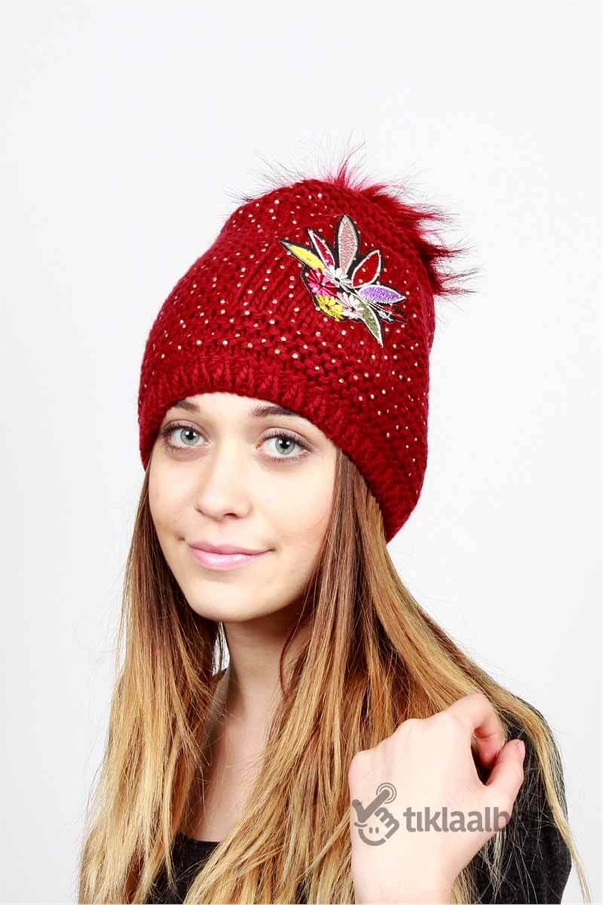 Taşlı Çiçekli Bere GB-1009 - Kırmızı