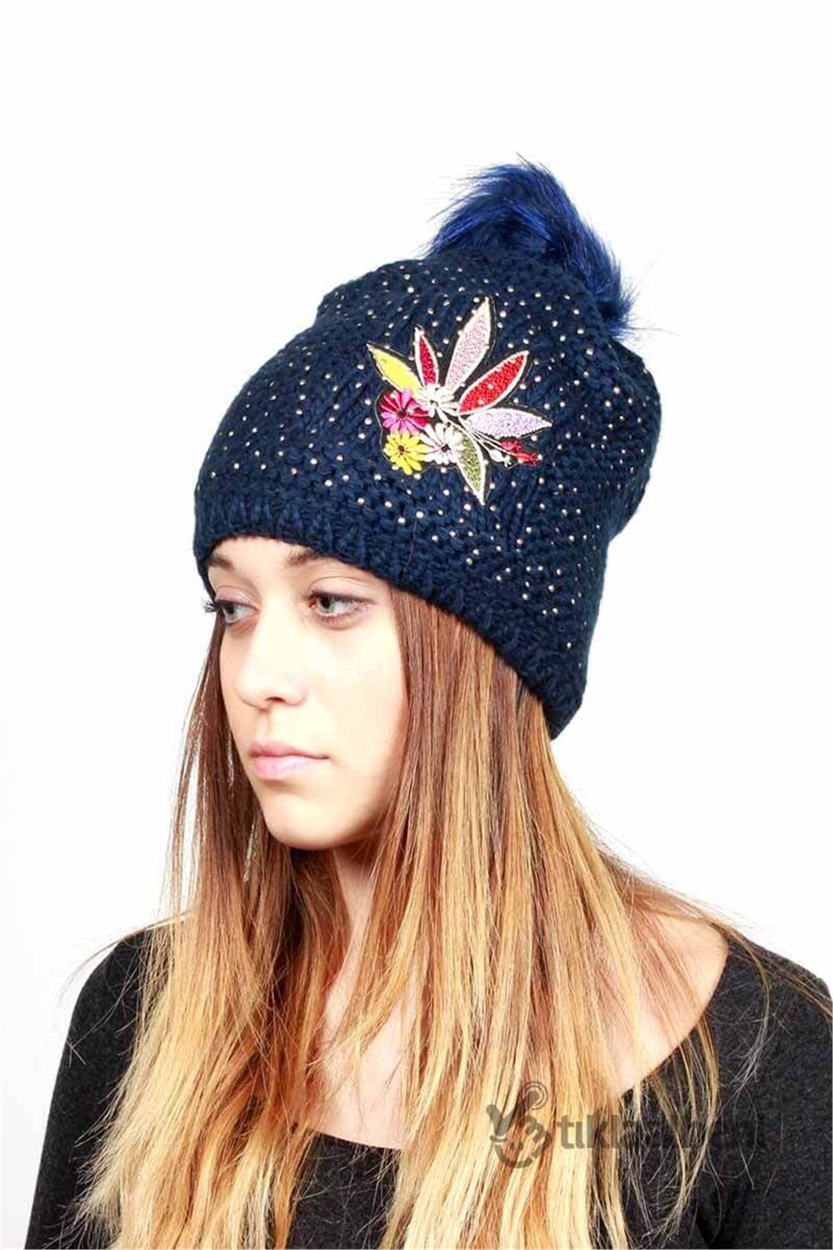 Taşlı Çiçekli Bere GB-1009 - Lacivert