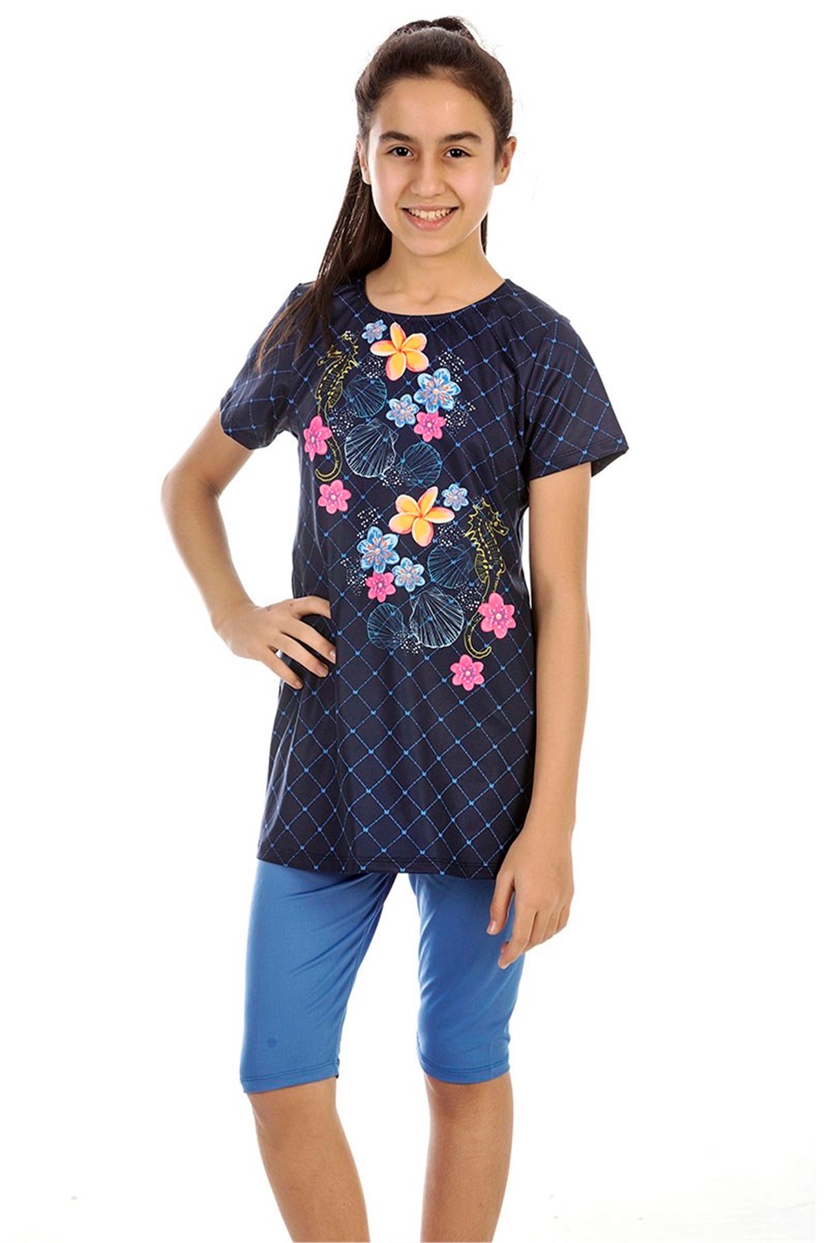 Taytlı Kız Çocuk Mayosu, Yarı Kapalı Mayo A196 - Koyu Lacivert 