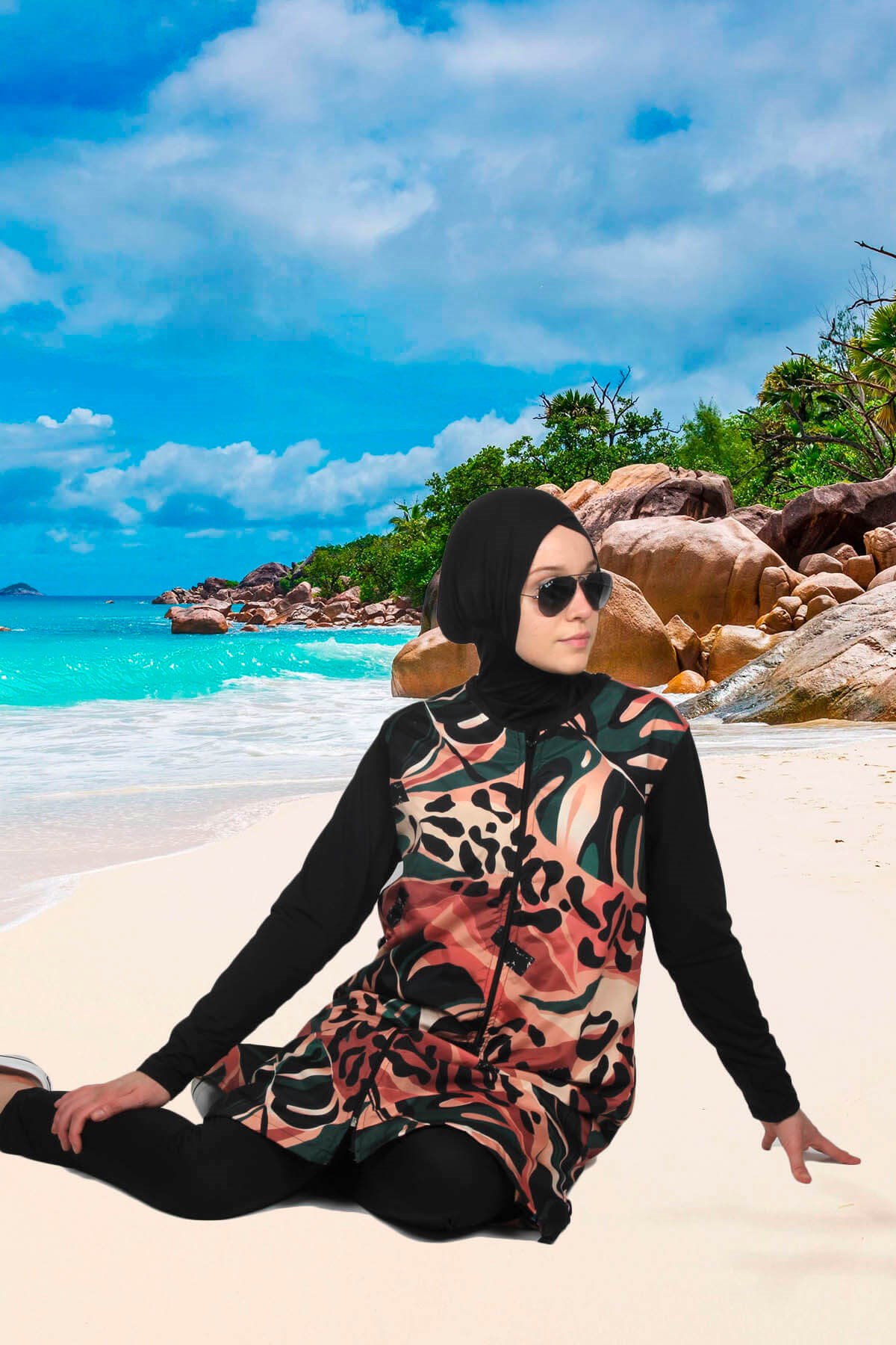 Tıklaalbeni Doğa Serisi Yapışmayan Tesettür Mayo, Paraşüt Kumaş Fermuarlı Mayo / Sealife SL1007