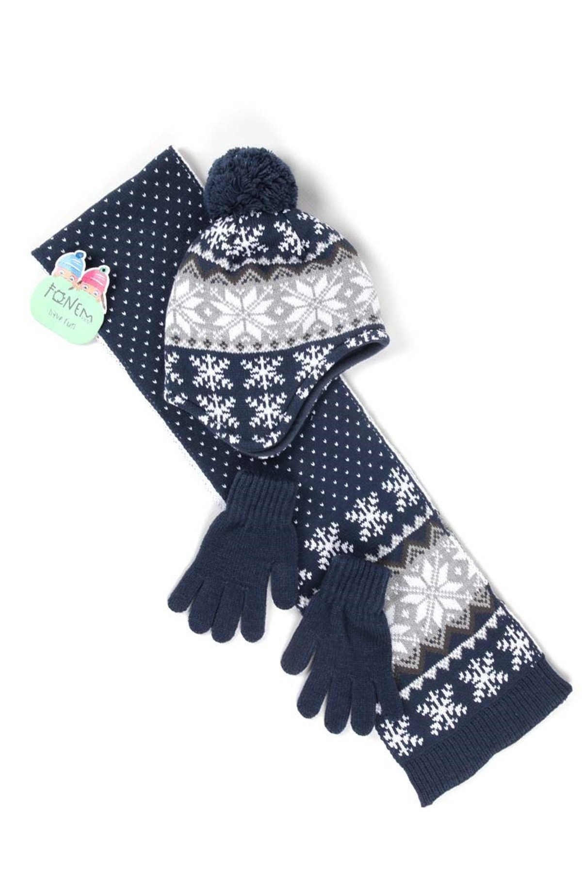 Unisex İçi Polar Kulaklı Çocuk Atkı Bere Eldiven Takımı - 4/12 Yaş, Lacivert