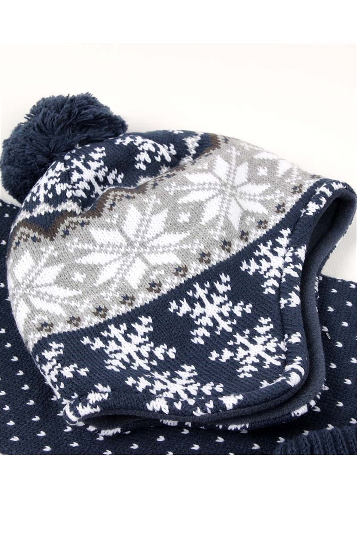 Unisex İçi Polar Kulaklı Çocuk Atkı Bere Eldiven Takımı - 4/12 Yaş, Lacivert