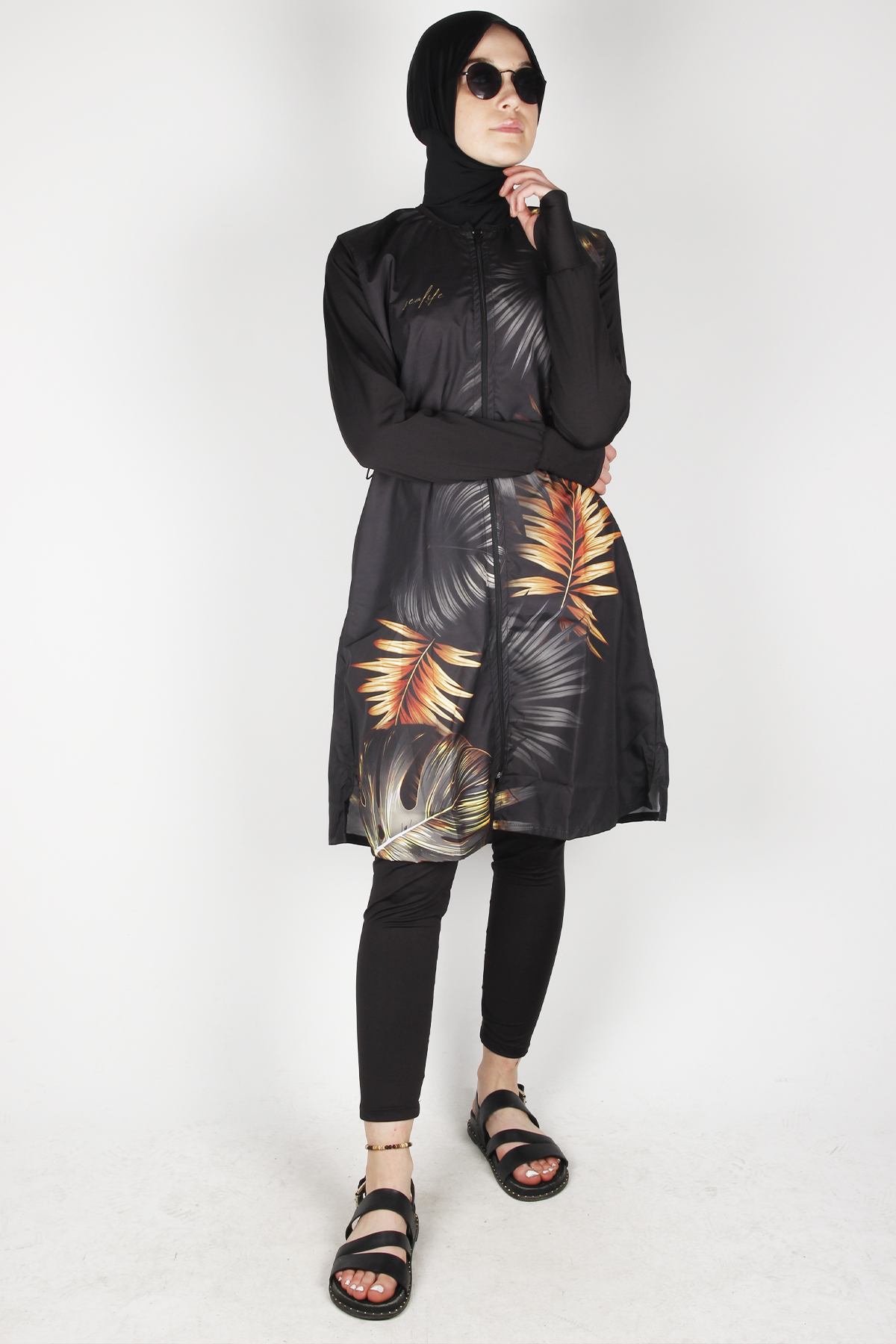 Veros SL1030 Yaprak Desenli Siyah Tesettür Mayo