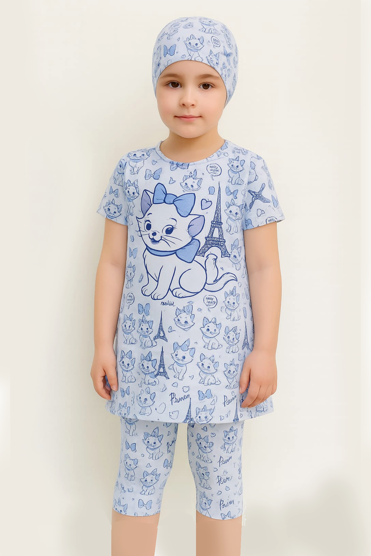 Veros VRS1156 Kedili Kız Çocuk Mayosu, Kısa Kollu Çocuk Mayo