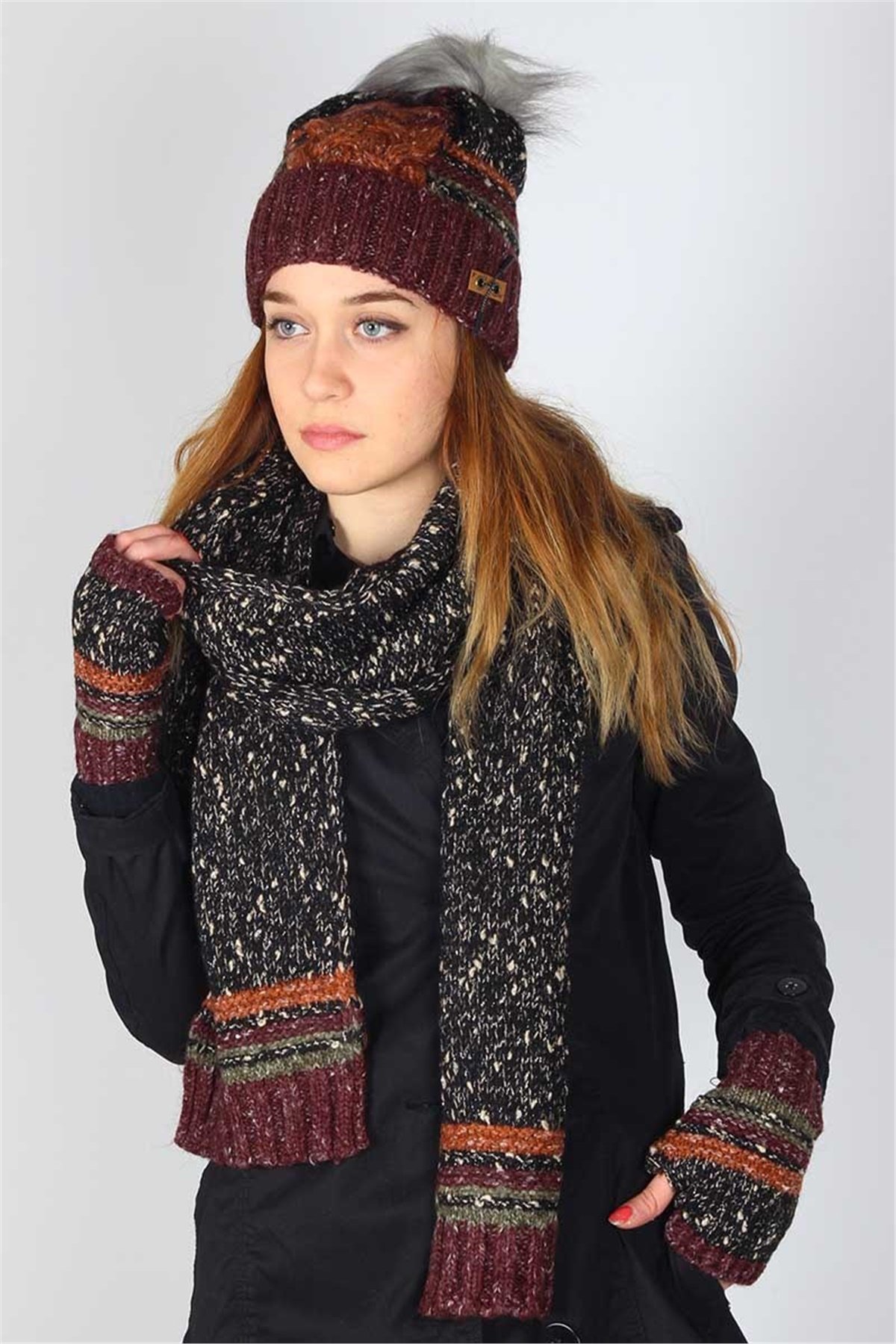 Victoria Bordo Bayan Atkı Bere Eldiven Takımı 30771 