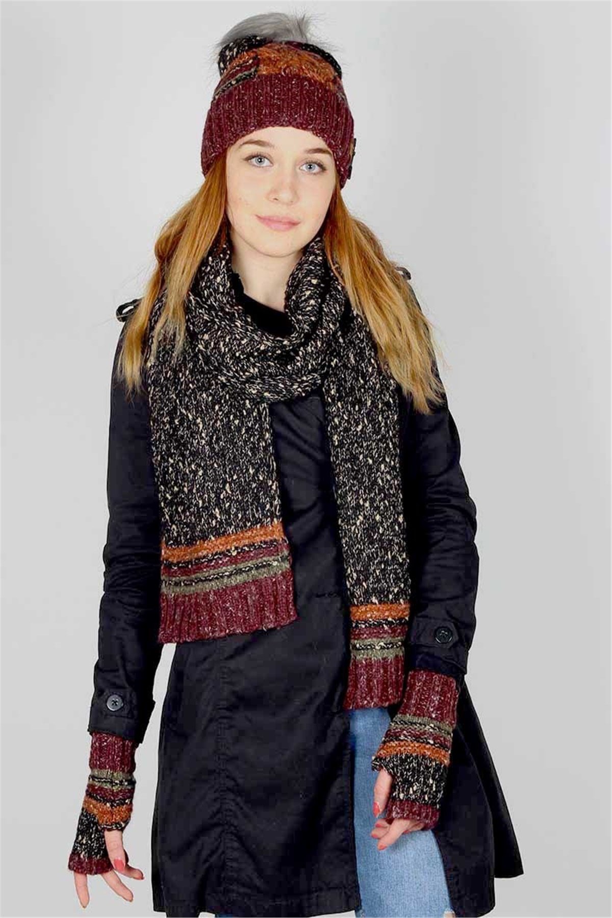 Victoria Bordo Bayan Atkı Bere Eldiven Takımı 30771 