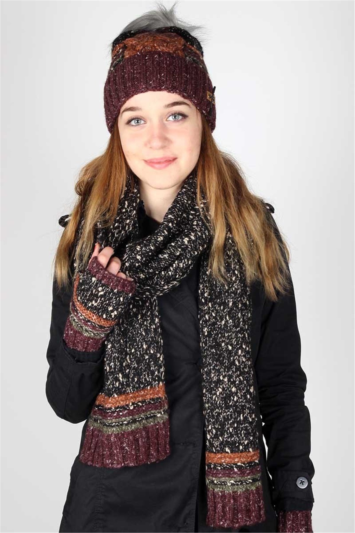 Victoria Bordo Bayan Atkı Bere Eldiven Takımı 30771 