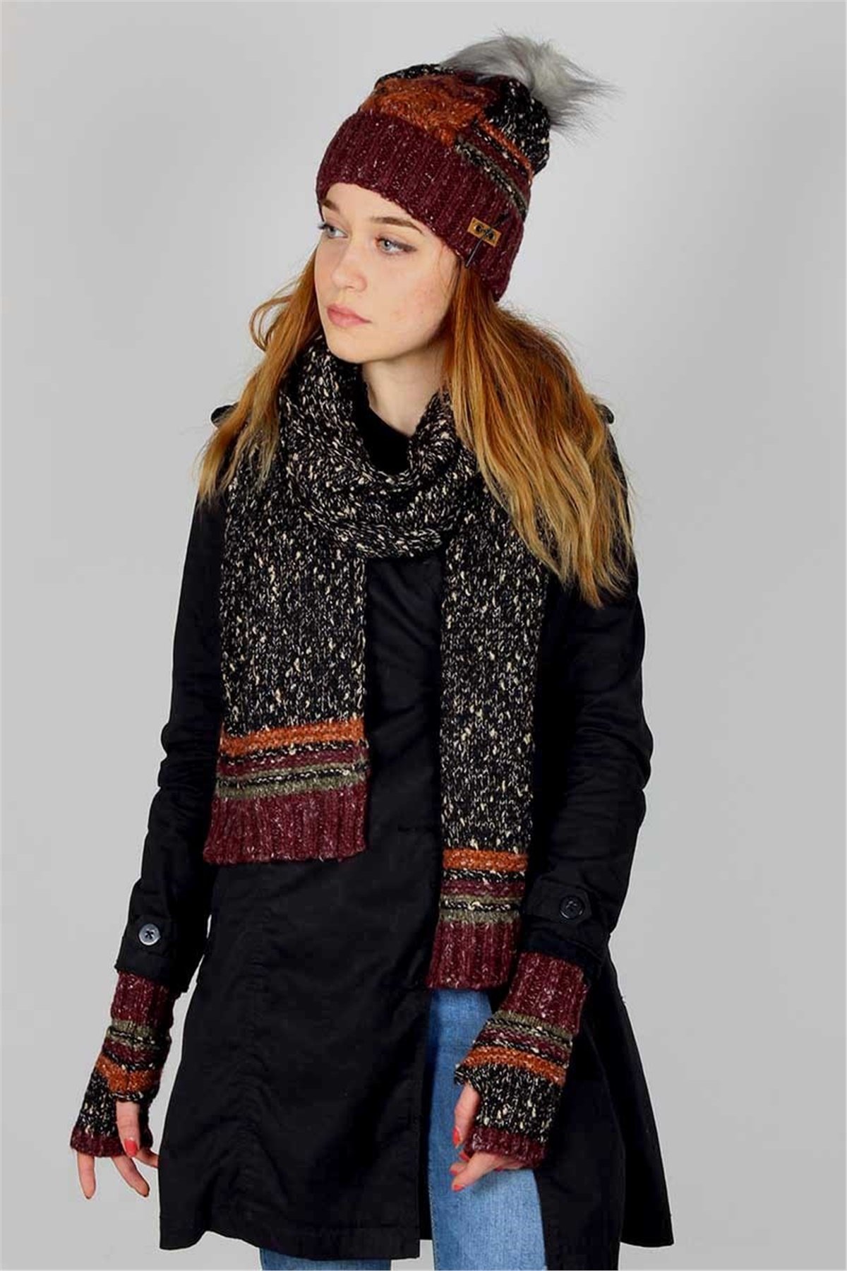 Victoria Bordo Bayan Atkı Bere Eldiven Takımı 30771 