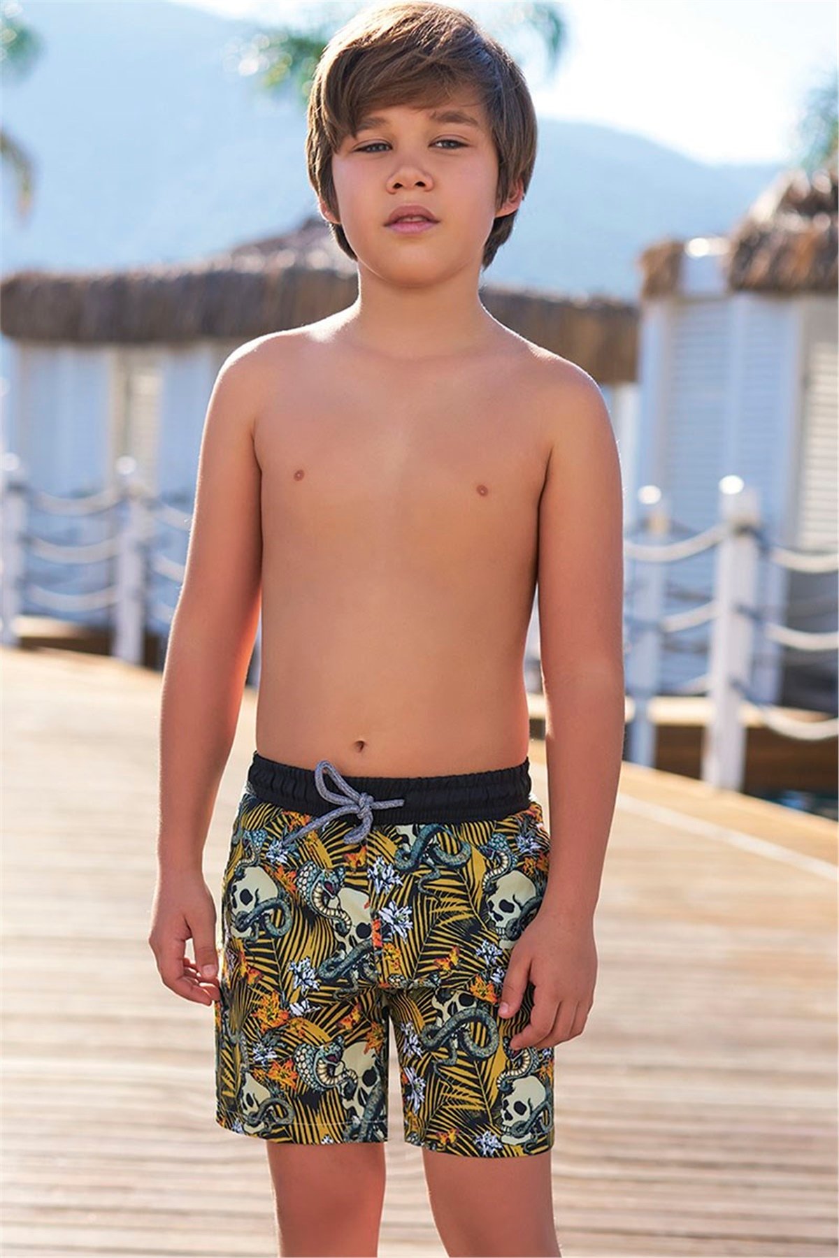 Wilton Çocuk Deniz Şortu, Belden Bağlamalı Erkek Çocuk Havuz Şortu G1068 - Hardal 